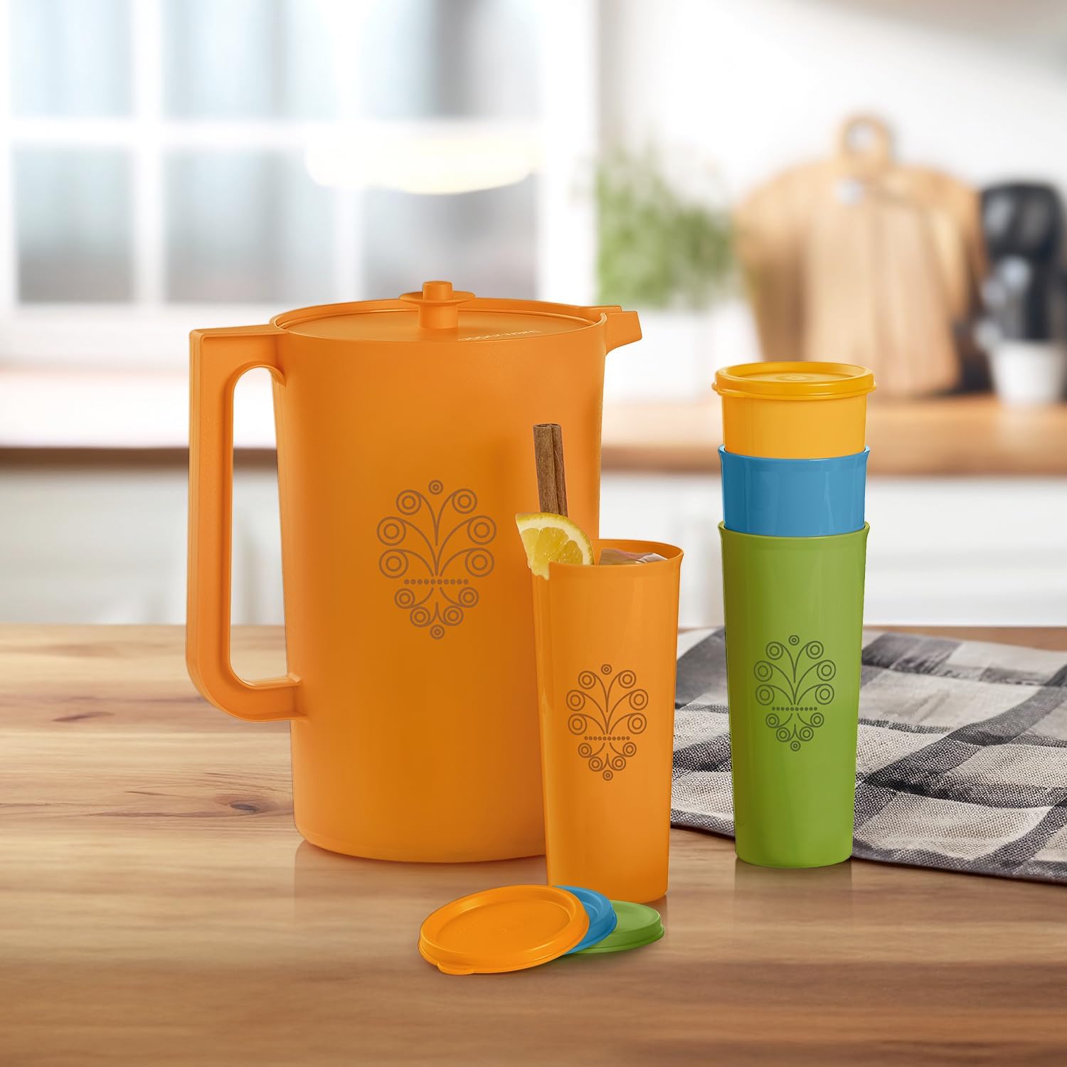 Tupperware Heritage Retro Collection, Pitcher and 4 Tumbler Set in Retro Colors, Dishwasher Safe and BPA Free