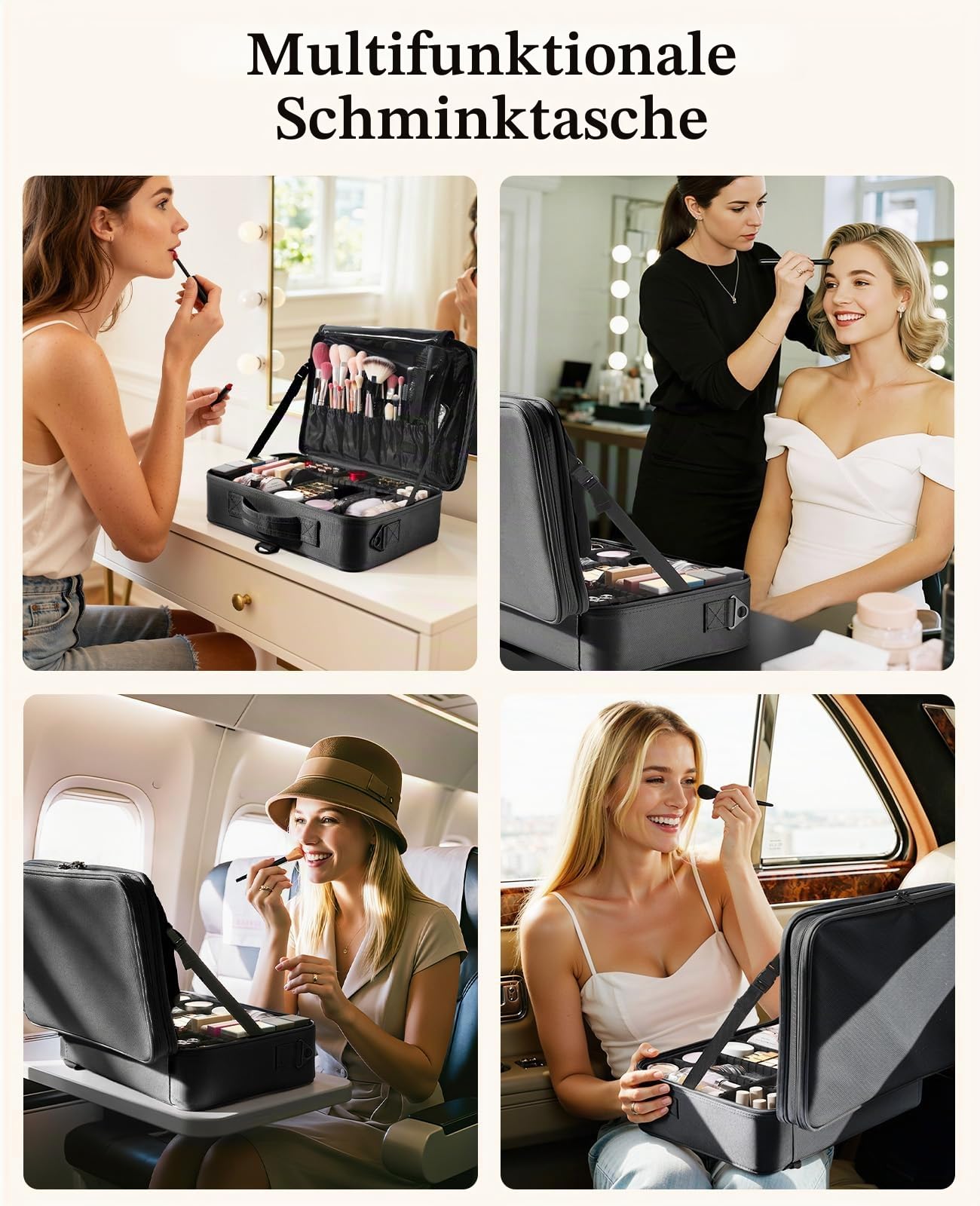 Luxspire Kosmetiktasche Groß Make Up Tasche Reise, Multifunktion Schminkkoffer Kosmetika Etui Tasche Kosmetikbeutel Reißverschluss Schultergurt Aufbewahrungstasche für Damen Maskenbildner, Schwarz