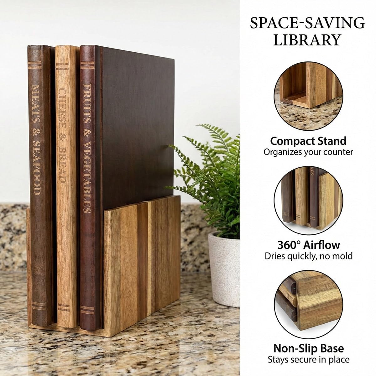 Schneidebrett Holz Set mit Ständer - 3er Holzschneidebrett Set in Buchoptik - Dekoratives Küchenbrett Holz für Brot & Charcuterie - Book Cutting Board Set - Schneidebrett Bücher