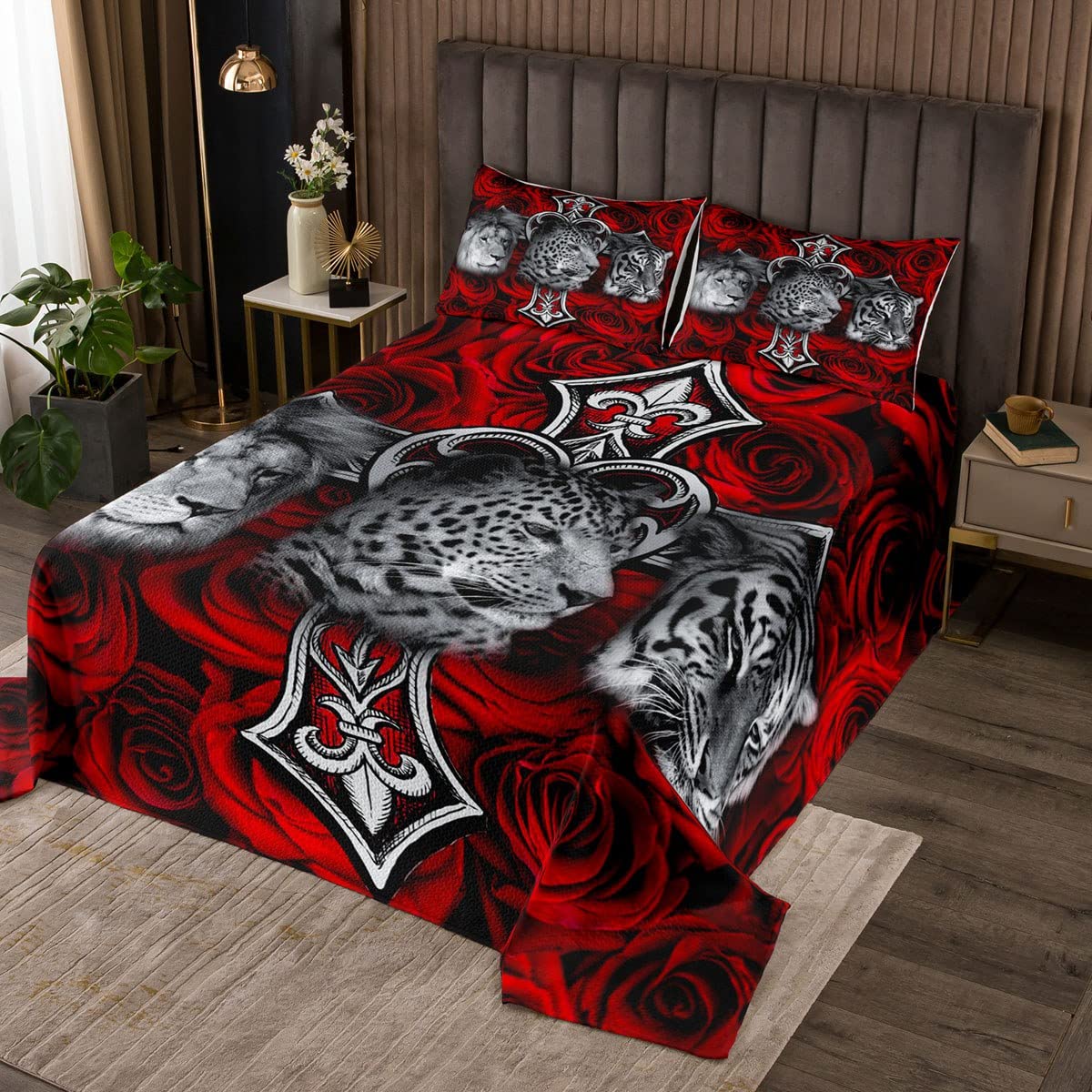 Lew Leopard Tygrys Kołdra 220 x 240 cm, afrykańskie tropikalne łóżko z dzikim zwierzęciem, 3-częściowa dla dziewcząt, nastolatków, czerwone kwiaty róż, pikowana narzuta z 2 poszewkami na poduszki, miękki poliester