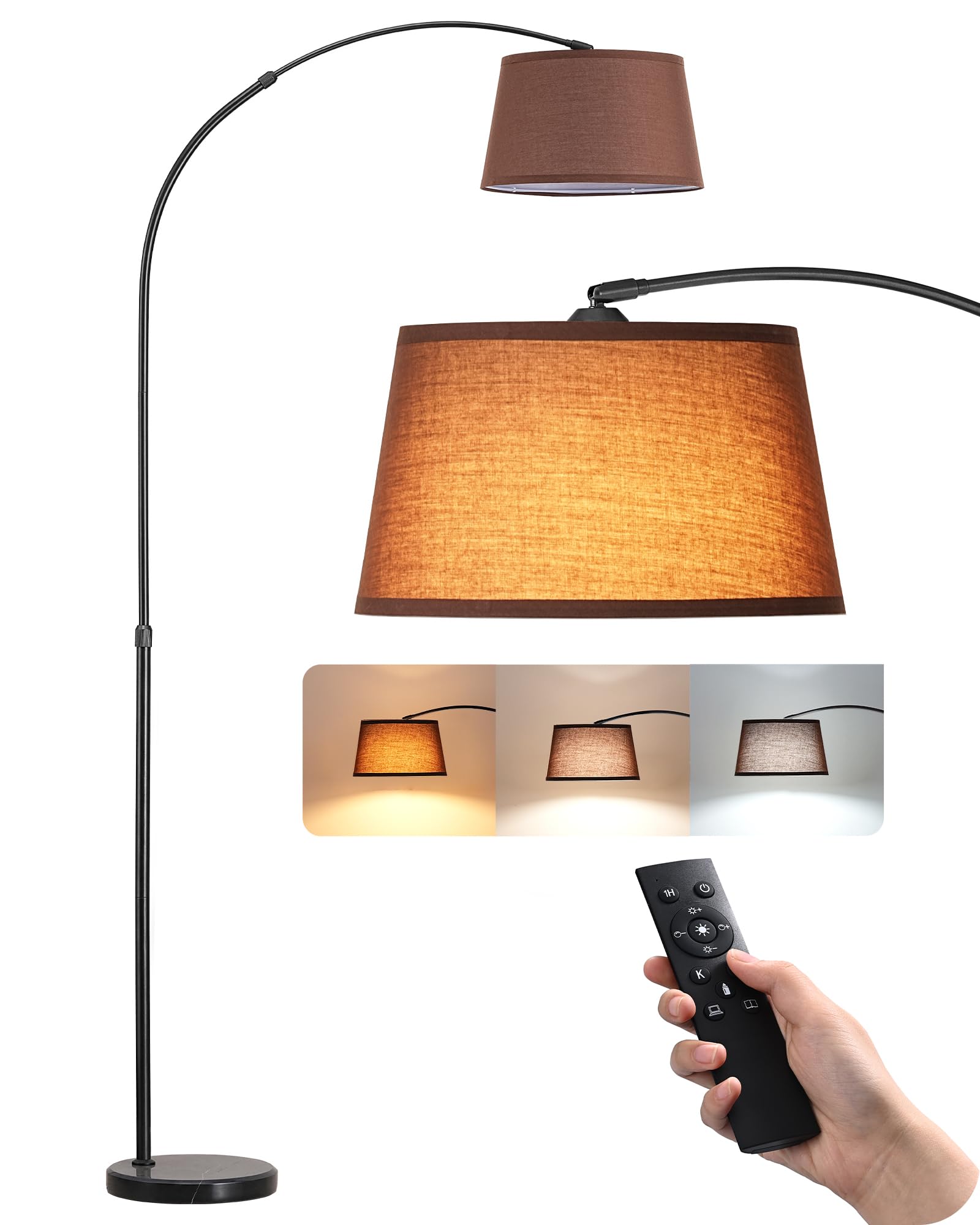 EDISHINE Lampada da Terra per Soggiorno, Altezza Regolabile 143-176 cm, Lampada ad Arco con Testa Rotante, Struttura in Metallo, Telecomando Magnetico, Dimmerabile, Attacco E27 con LED 9W Inclusa