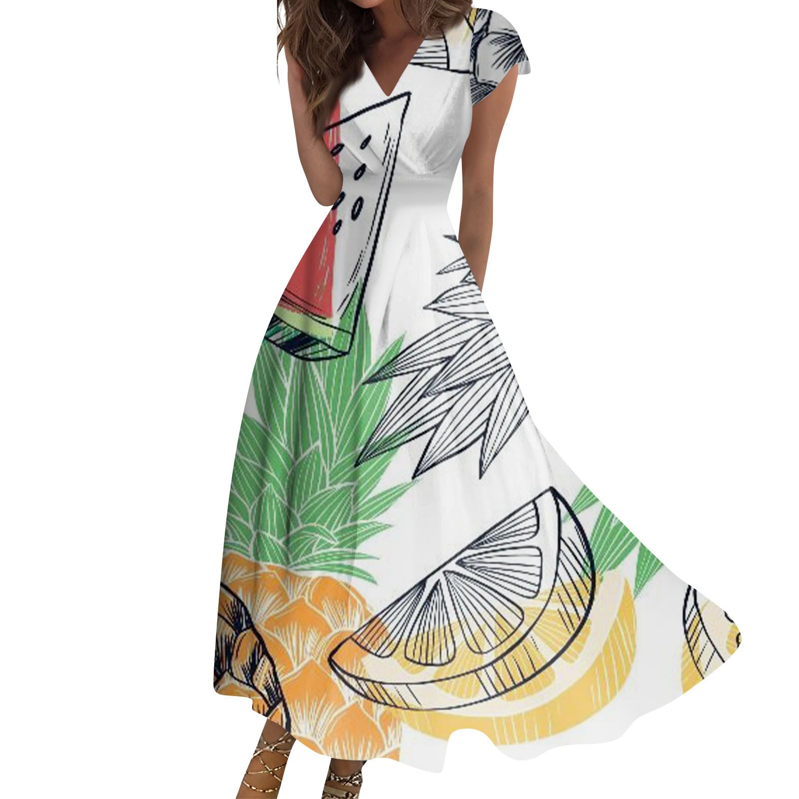 Dresses for Women 2024 Flowy Elegant Beach Dress Cap Sleeve Wrap V Neck Maxi Dress Floral Print Loose Sundresses