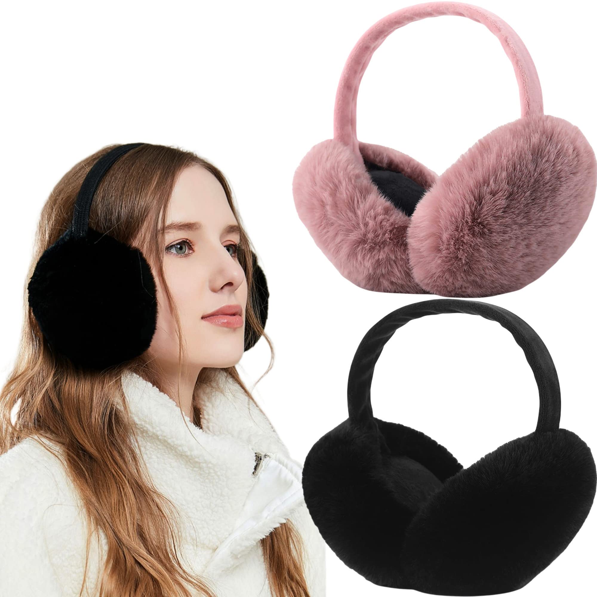 Eyegla Womens Ear Muffs Adjustable Winter Earmuffs Fuzzy Ear Warmers,Black/Pink,2 Pack