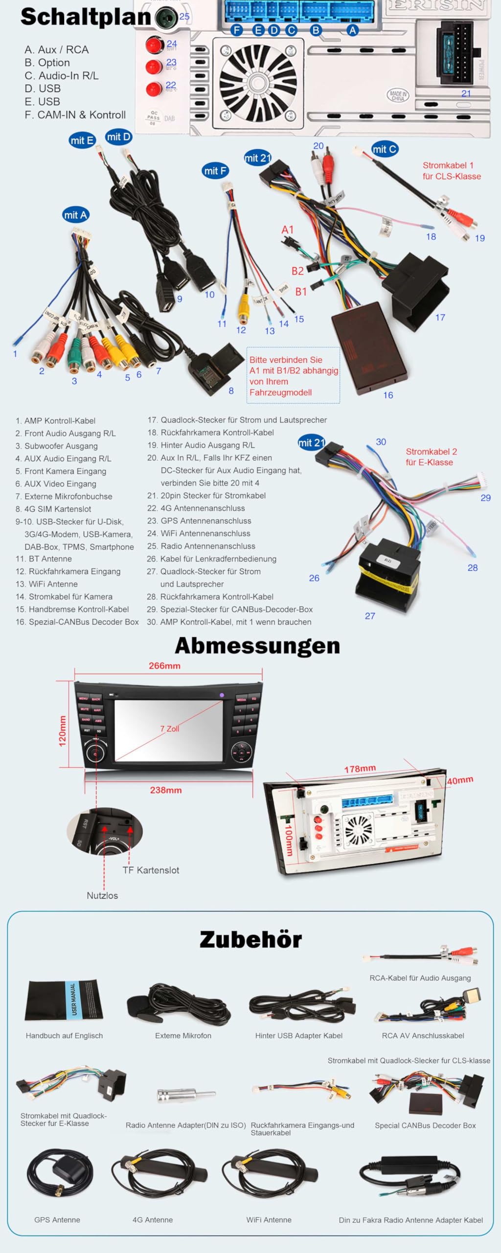 Erisin 8-Kern 4GB+64GB 7 Zoll Android 16 Autoradio Bluetooth GPS Navi für Mercedes Benz E Klasse W211 CLS Klasse W219 Unterstützt CarPlay Android Auto WiFi 4G DSP DAB+ OBD2 DTV USB Canbus Touchscreen