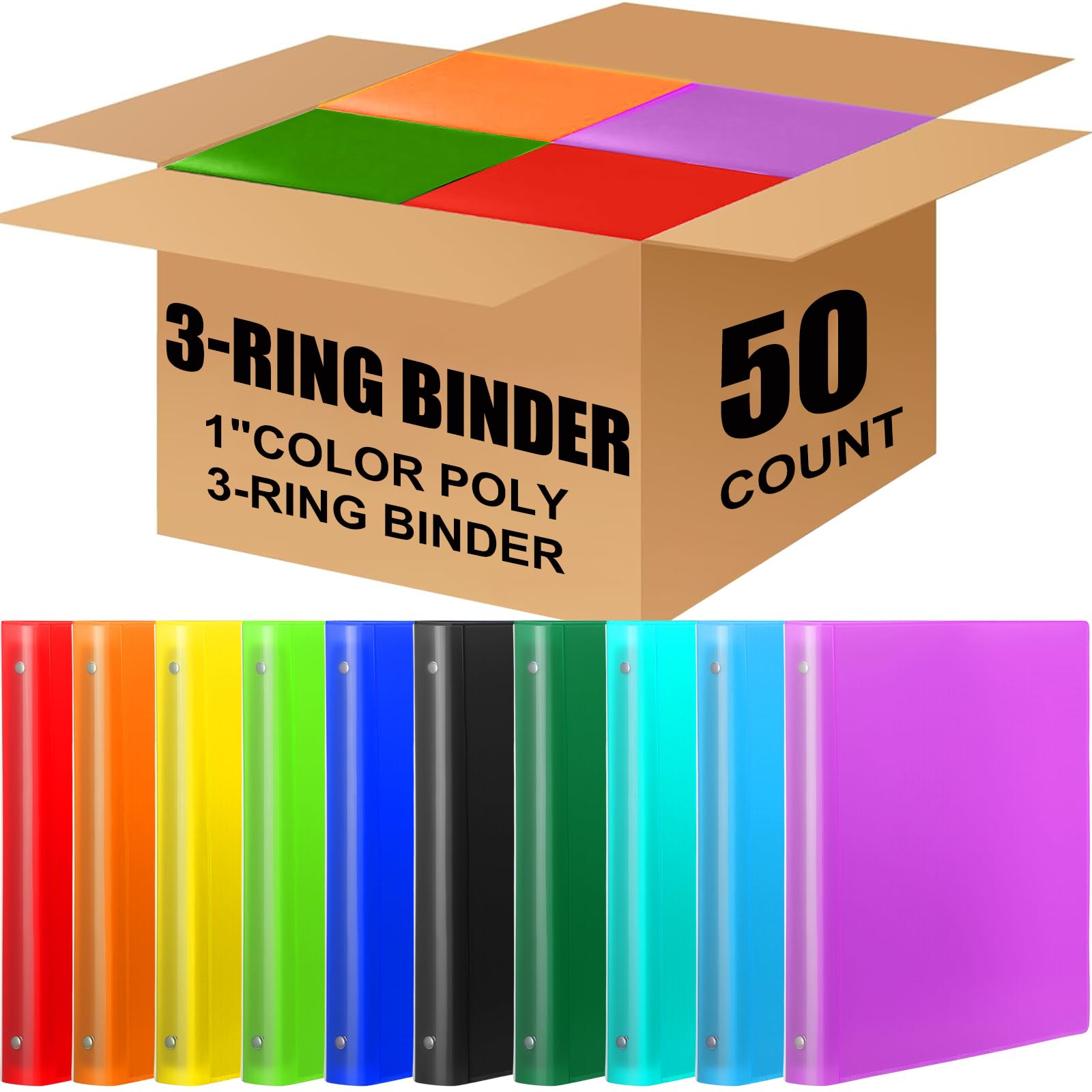 Fulmoon 50 raccoglitori in plastica a 3 anelli da 2,5 cm, 10 colori assortiti, formato lettera 21,9 x 27,9 cm, raccoglitori versatili economici flessibili ad anelli rotondi con tasca per ufficio