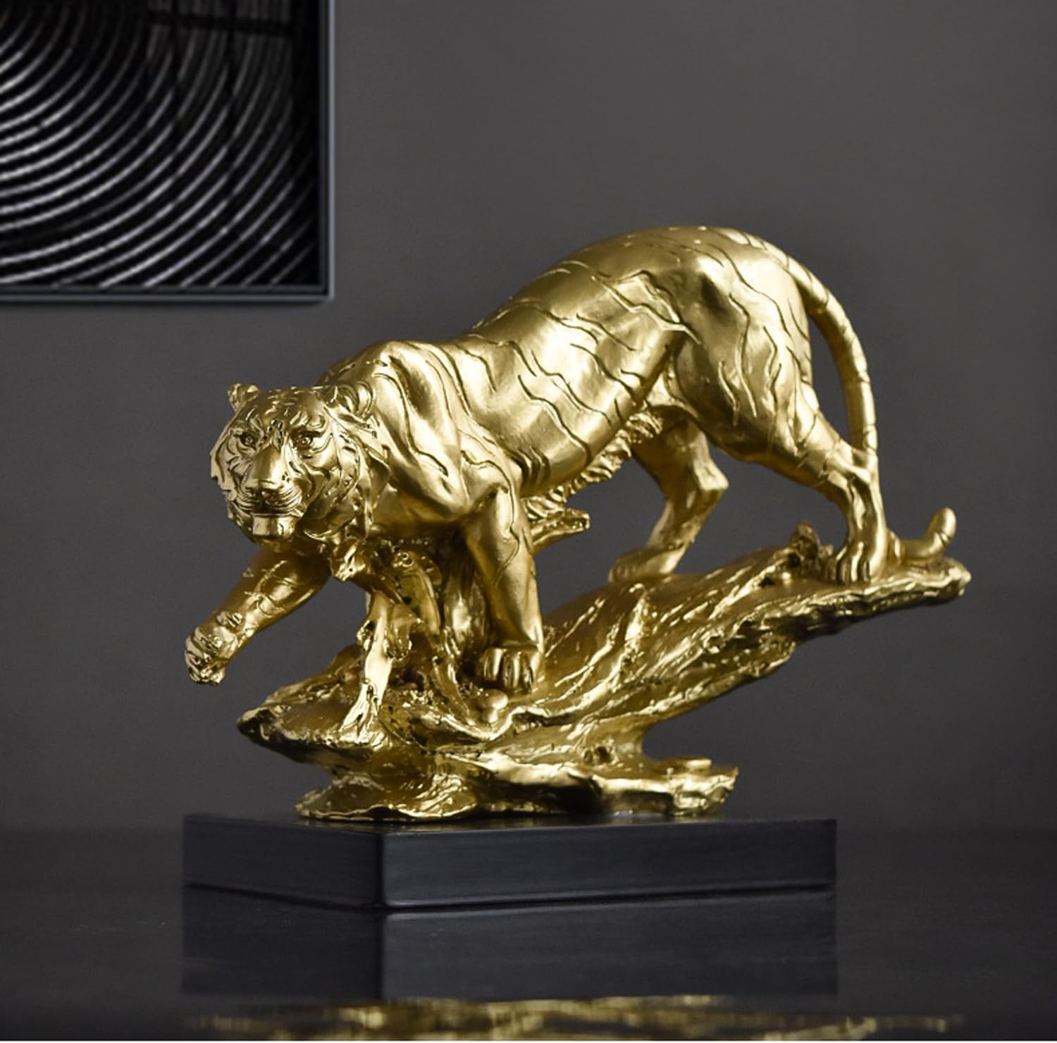 Tiger Statue Figurine in Resin Animal Sculpture Modern Home Decor Realistic Tiger Sculpture Gift for Home Office Table Top Desktop Decoration 9.05" L X 7.08" H (Golden)