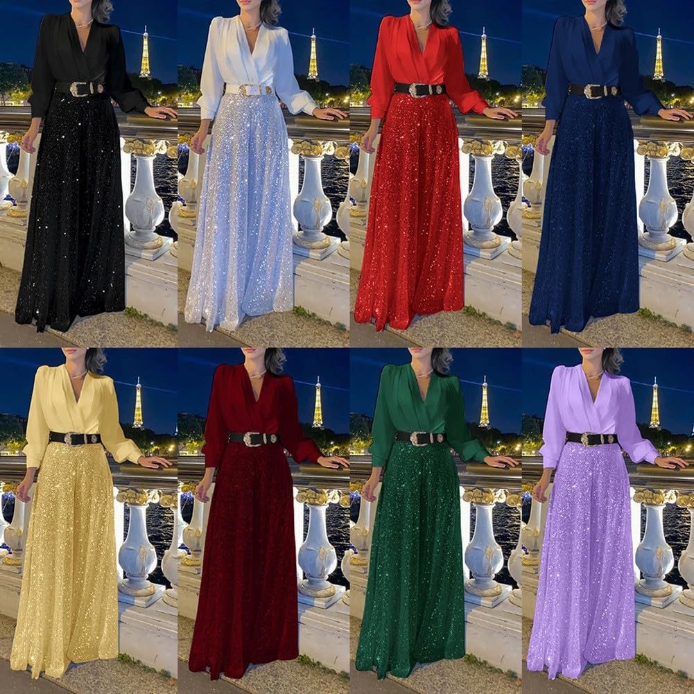 ZYWUOY Combinaison à paillettes pour femme avec col en V ample pour soirée élégante