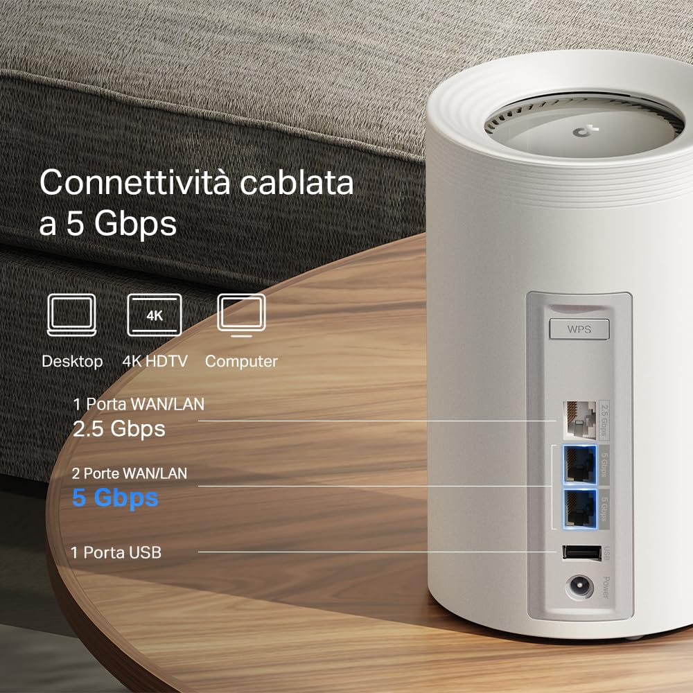 TP-Link WiFi 7 Deco BE65 Pro Router Mesh WiFi,BE 9300Mbps Tri-Band, Canali 320 MHz, 2 Porte 5Gbps, Porta 2,5 Gbps, Alexa, HomeShield,MLO, Funziona con Qualsiasi ISP e Modem, 4 Antenne Interne, 2 Pezzi