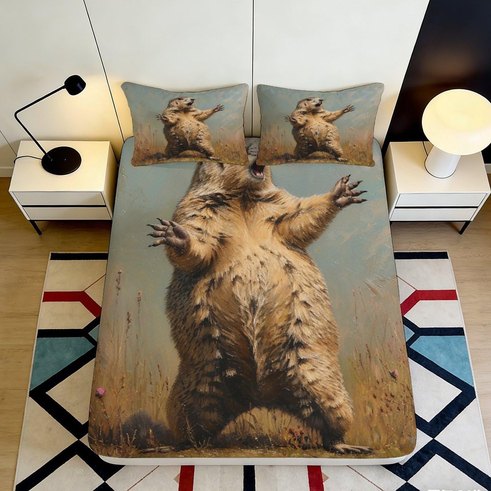 3D Printed Bear Roaring Fitted Sheet Microfiber Non-Slip Brown Grizzly Bed Cover for Bedroom Dorm Decor 90x200x25cm