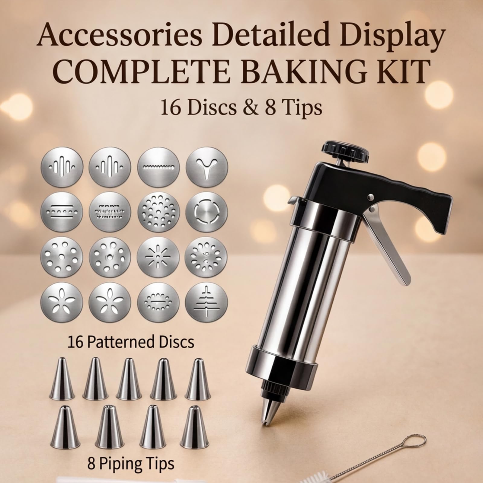 TINA.WIN GebäCkpresse Edelstahl SpritzgebäCk Maschine Tortenspritze Garnierspritze mit 13 Schablonen+ 8 TüLlen für Herstellung Von Kuchen Keksen und Churros