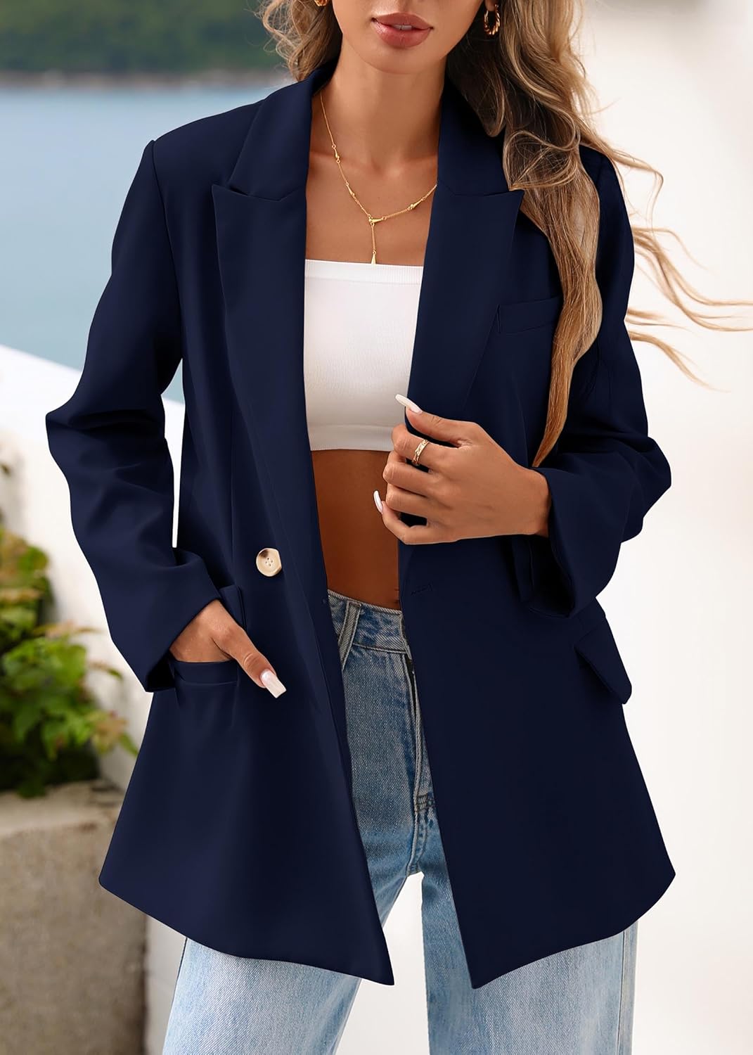 Lazysmile Blazers for Women Business Casual Long Sleeve Lapel Open Front Suit Jacket Office Work Clothes with Pockets