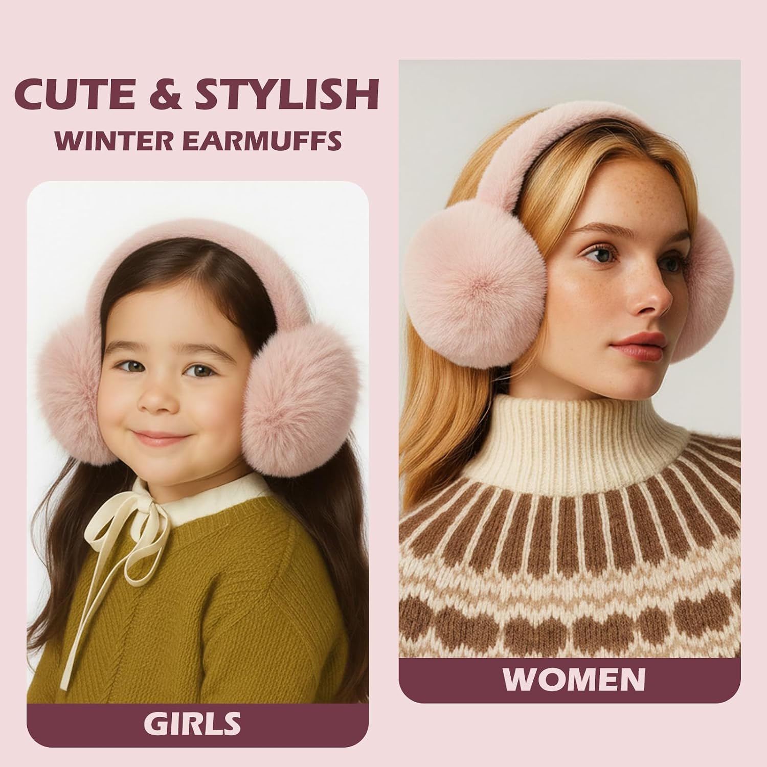 Surblue Winter Ear Muffs for Kids Girl Boy Cute Warm Earmuffs Foldable Cold Weather Fuzzy Cozy Ear Warmer Ages 6-18
