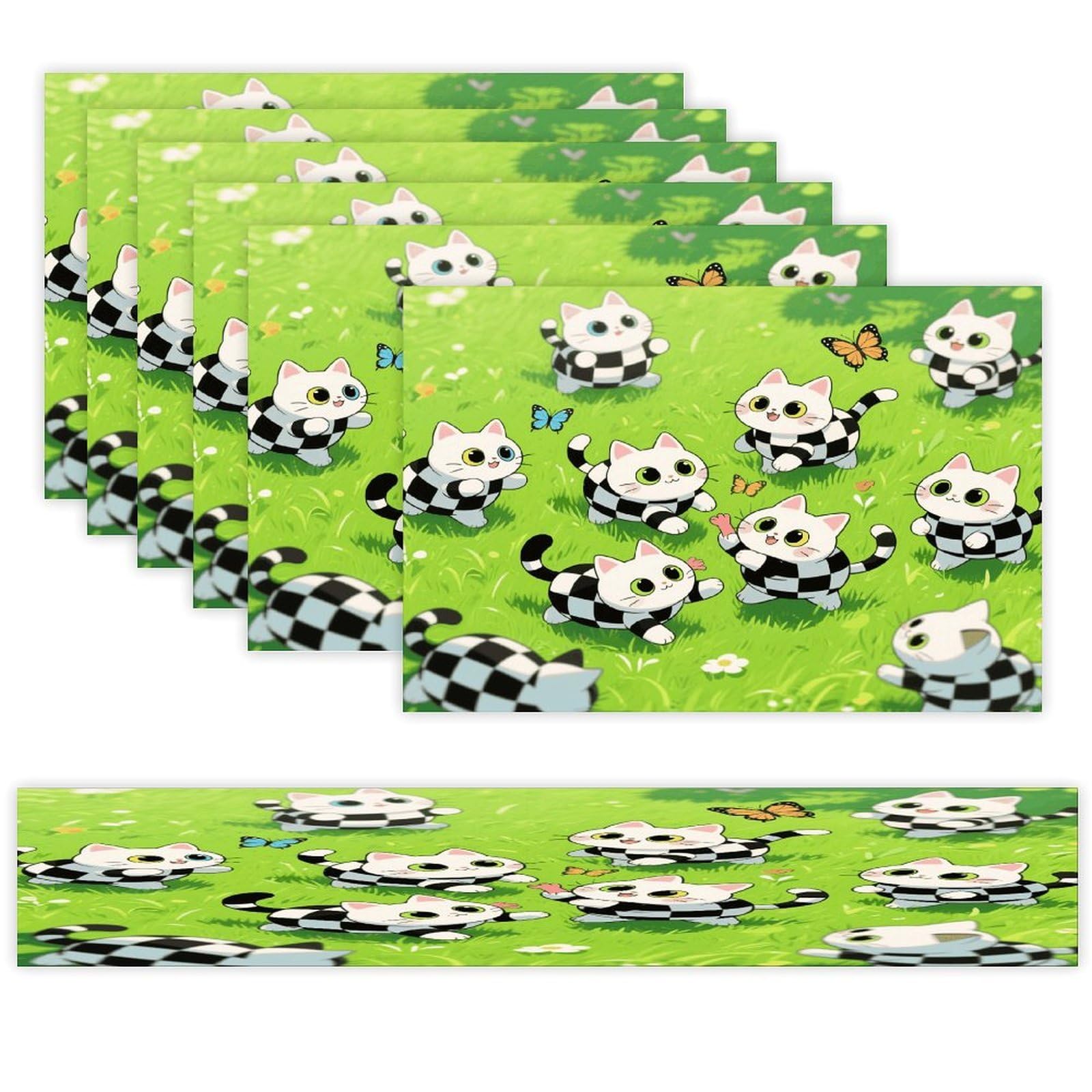 Black and White Checkered Cats Table Runner and Placemats Set of 7 Linen Table Mat Non-Slip Place Mats Washable Placemat Heat Resistant Place Mat with Table Runner for Party Dining Decor