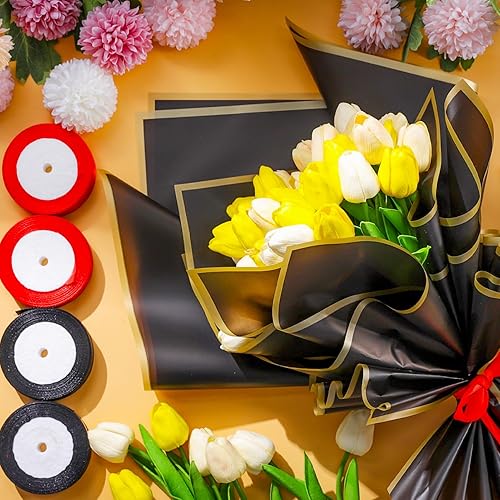 Miniatura 3 de Hoemwarm 100 hojas de papel de regalo de flores negras con borde dorado, suministros de ramo de flores de 23 pulgadas, suministros impermeables, 4