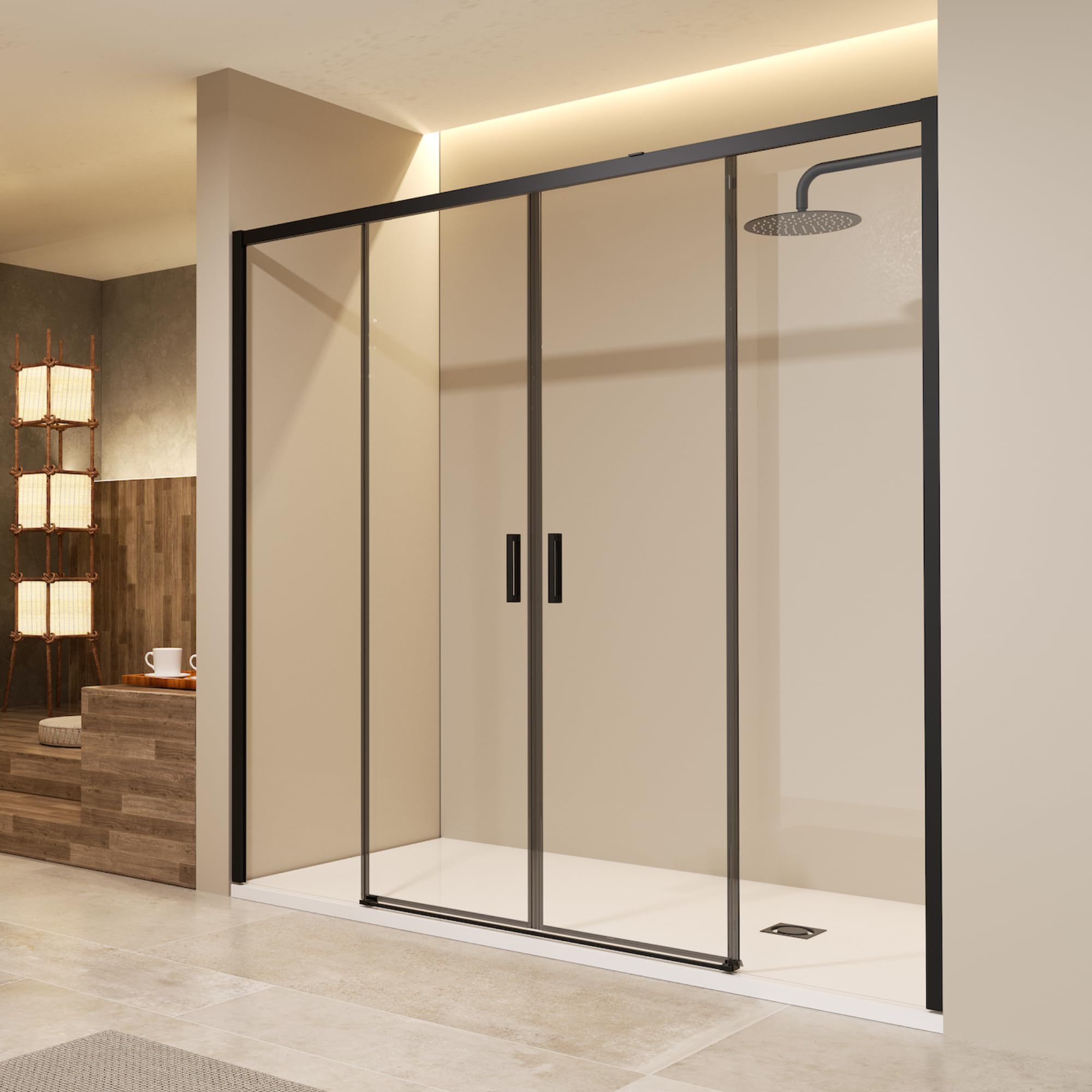 IMEX - Mampara Ducha Dos Puertas Negra Frontal 2 Fijas + 2 Correderas 145cm | Mampara de Cristal Reversible y Antical con Ancho Adaptable 141 a 146cm | Perfilería de Aluminio con 195cm de Altura