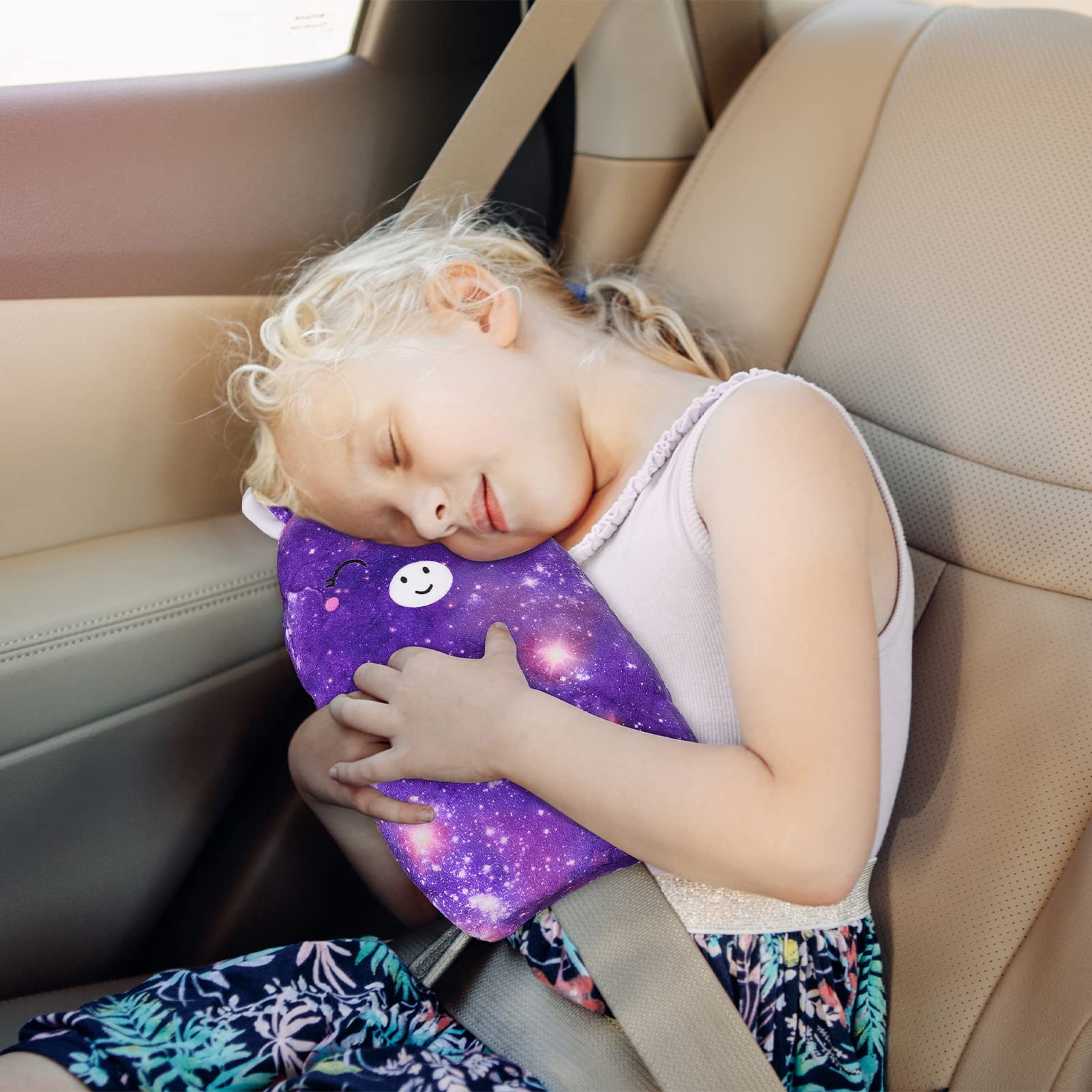 FIODAY Copri cinture di sicurezza per bambini, con unicorno, morbido cuscino per cintura di sicurezza, regolabile, supporto per testa e collo, per bambini, ragazzi e ragazze, da viaggio, viola scuro