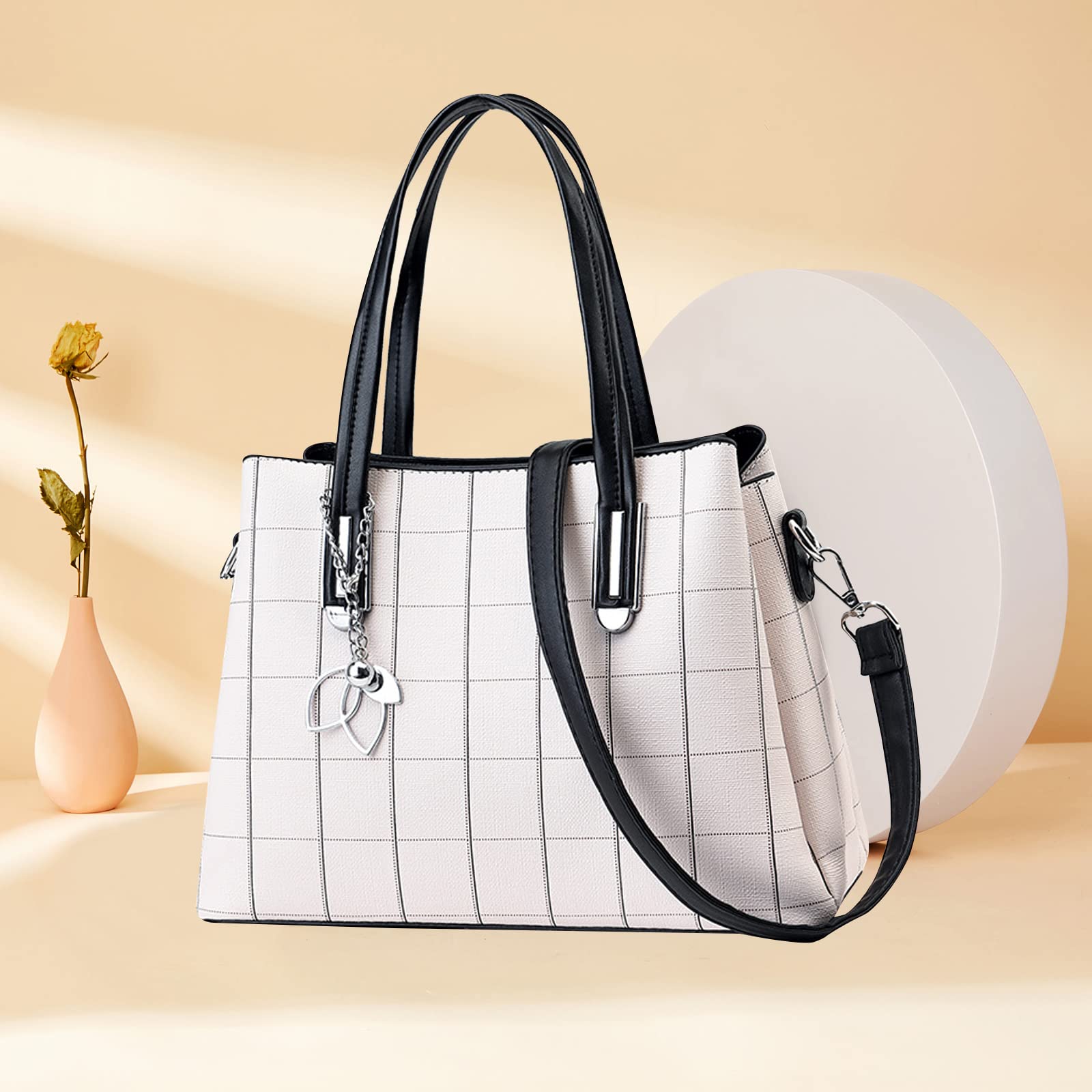 NICOLE & DORIS Bolsos Mujer Elegante Bolso Señora Tote Bolso Bandolera Cuero PU Bolso a Cuadros Clásica Bolsos de Mano Crossbody Blanco con Negro