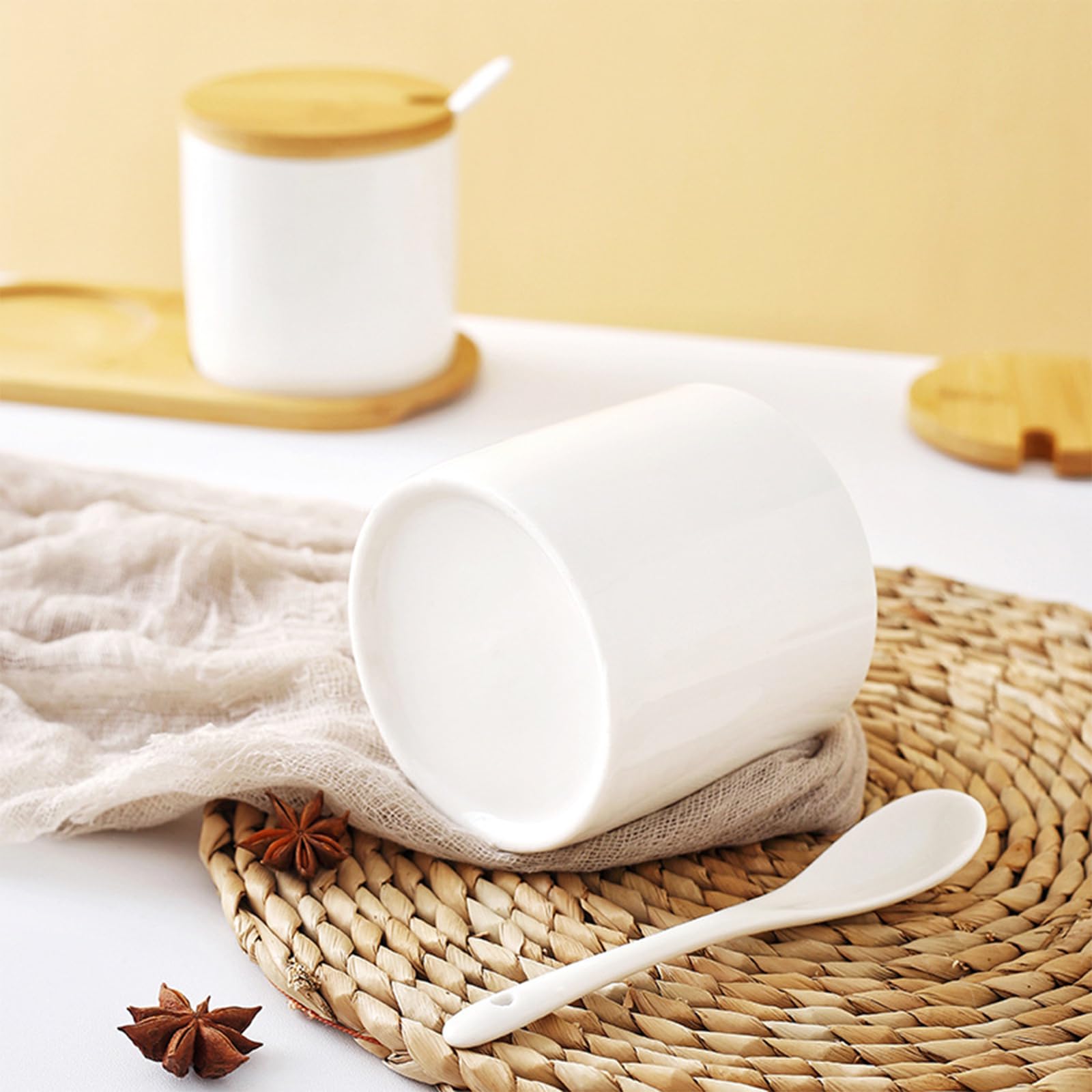 Ceramic Sugar Bowl, 250ml Sugar Pot with Spoon, Wooden Lid and Tray Spice Jar for Salt Sugar, Coffee, Tea - Image 3