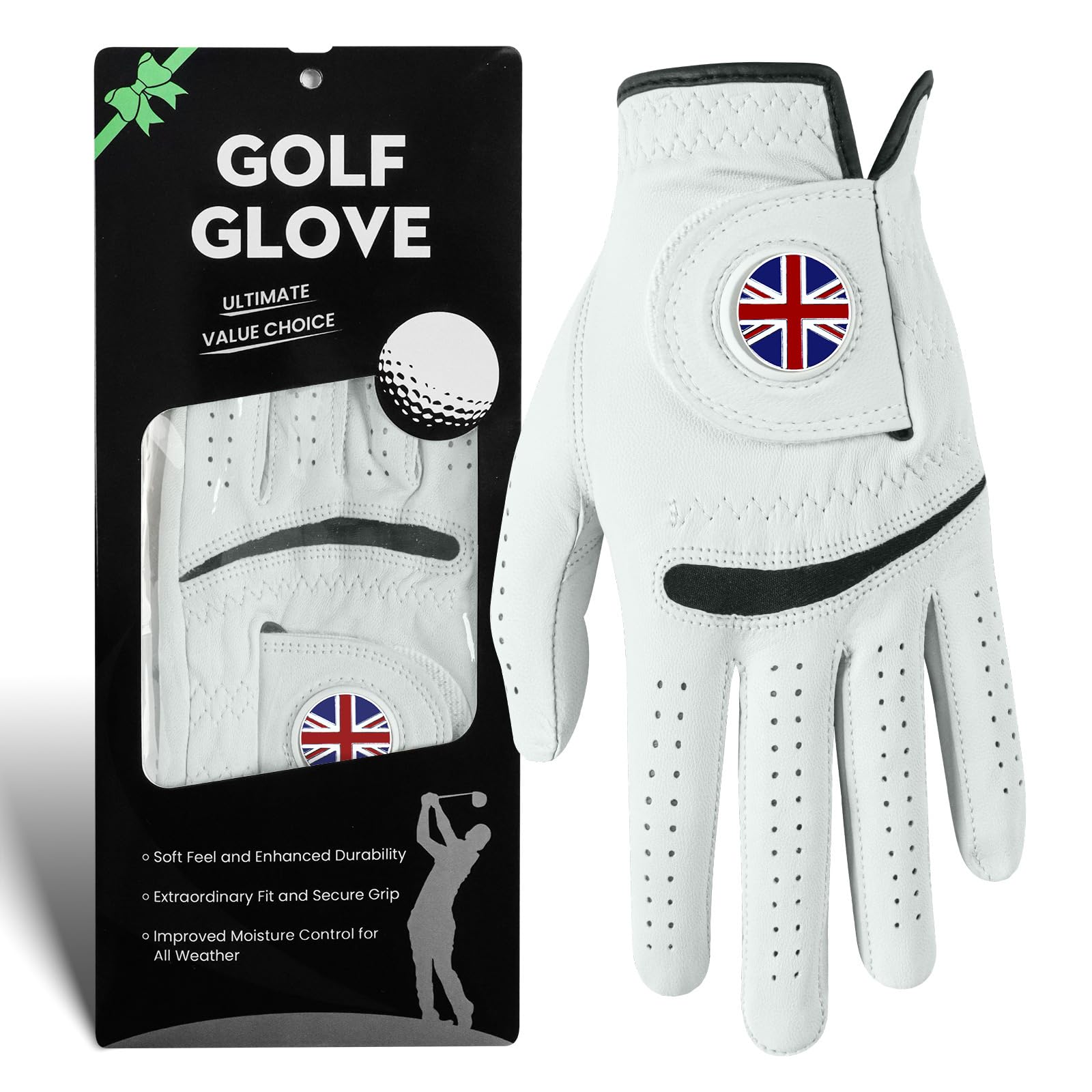 FINGER TEN Golf Gloves Men Left Hand Right Cabretta Leather Weathersof with Ball Marker 1 Pcs, Men’s Golf Glove Soft Breathable Wear Resistance (White, S, Left)