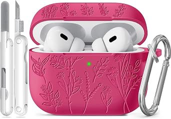 Flower Engraved Case for Apple AirPods Pro 2nd/1st Generation, Soft Silicone AirPods Pro 2 Gen Protective Cover for Women Airpod Cases with Clean Kit,Carabiner,Front LED Visible