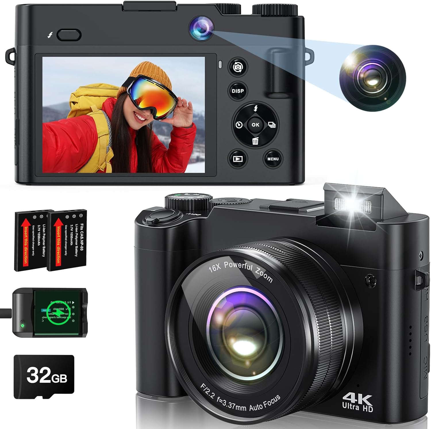 4K Digital Camera 64MP Autofocus Rear and Front Camera for Photography, Compact Digital Camera with 32GB Card, 2 Batteries, Flash, 16X Digital Zoom, Anti-Shake for Beginners