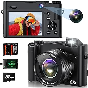 4K Digital Camera 64 Megapixel Auto Focus Rear and Front for Photography Compact Digital Camera with 32GB Card 2 Batteries Flash 16X Digital Zoom Anti-Shake for