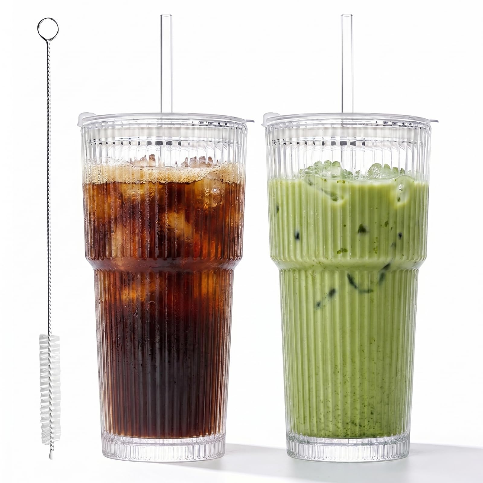 Tel Charme * 2 Pack 600ml Glass Tumbler with Lids, Straws & Straw Brush - Ribbed Iced Coffee Cups, Clear Leak Proof Glasses for Iced Latte, Matcha, Juice, Smoothies & Cold Drinks