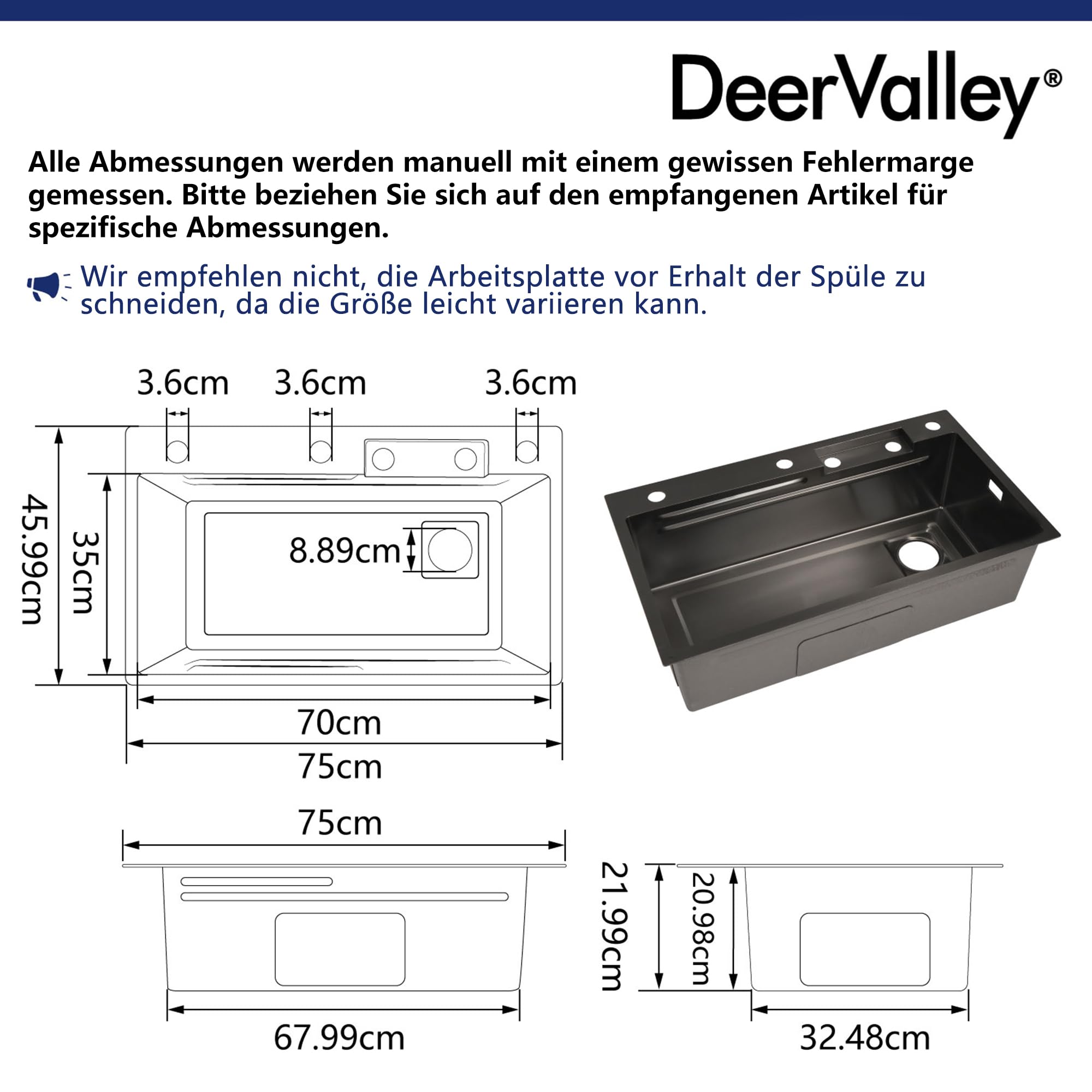 DeerValley Waschbecken Küche Schwarzgrau Edelstahl Küchenspüle mit Ausziehbarem Wasserhahn und Raindance Wasserfall-Spülbecken, Großes Spülbecken (74.9 cm L x 45.7 cm) mit Becherreinigungsfunktion