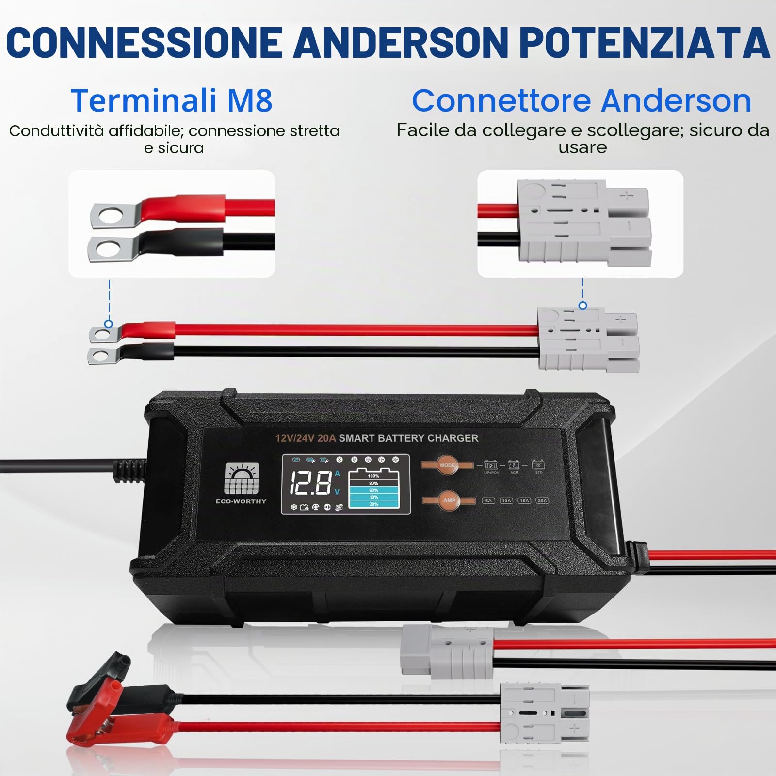 ECO-WORTHY LiFePO4 Bluetooth 12V 314Ah EnergyTrek con caricabatterie 12/24V 20A Batteria al litio con 200A BMS protezione bassa temperatura e max 15000 cicli, 4019Wh LiFePO4 12V per camper, pannello