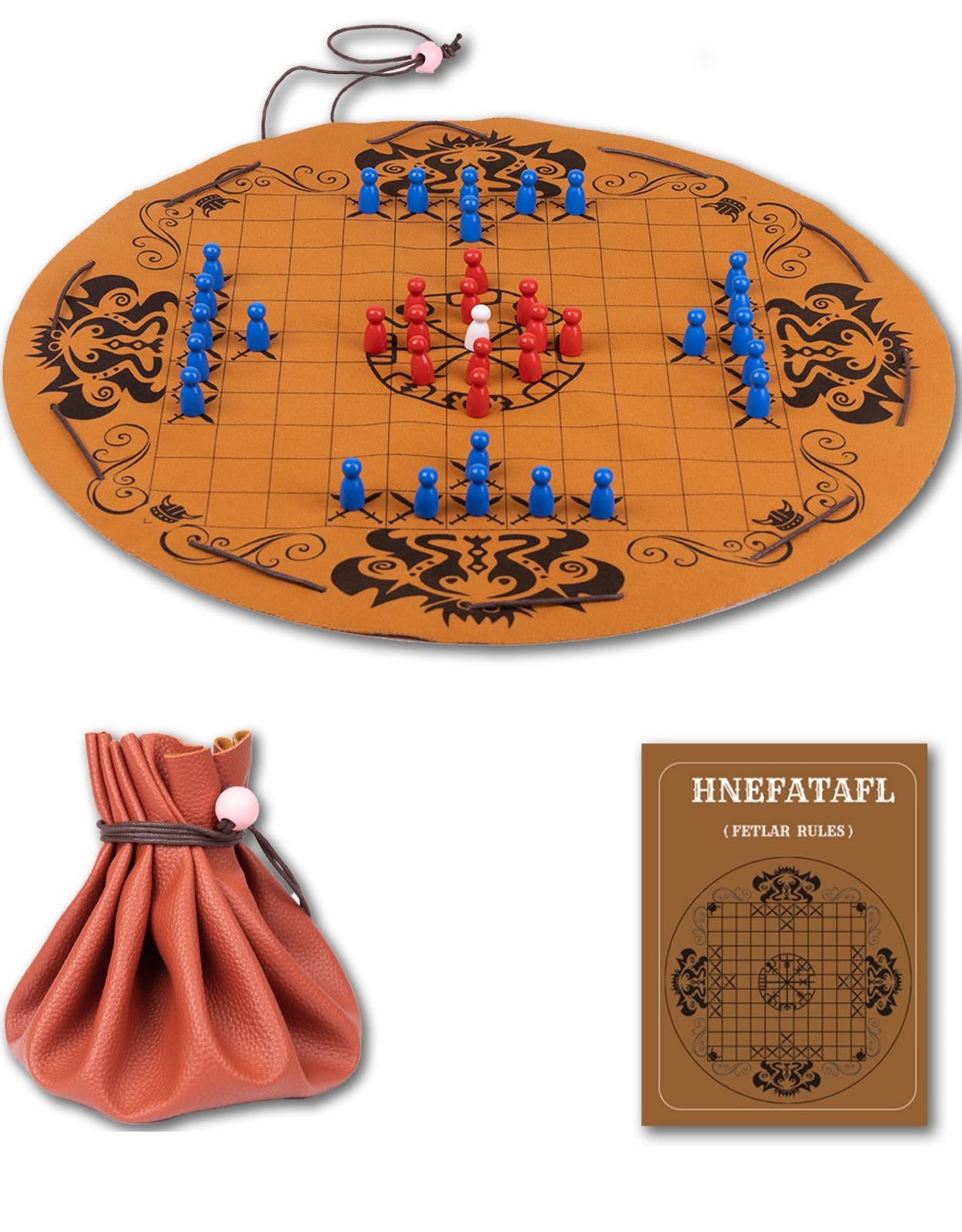 Hnefatafl- Viking Chess Set,Traditional Strategy Game,Leather Play Mat,Wooden Chess Pieces,Drawstring Design,Easy for Store & Travel,Great Gift for