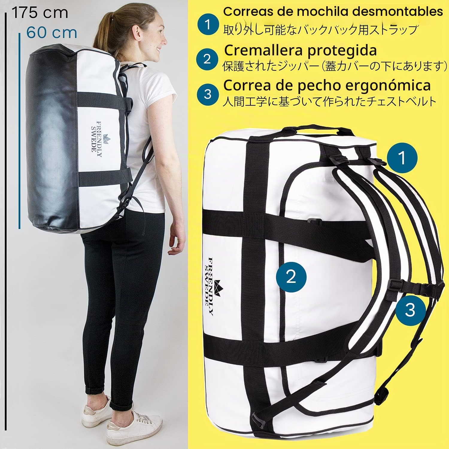 The Friendly Swede - Bolsa de Deporte Convertible en Mochila para Viaje y Deporte (Capacidad: 30 L/60 L/90 L)