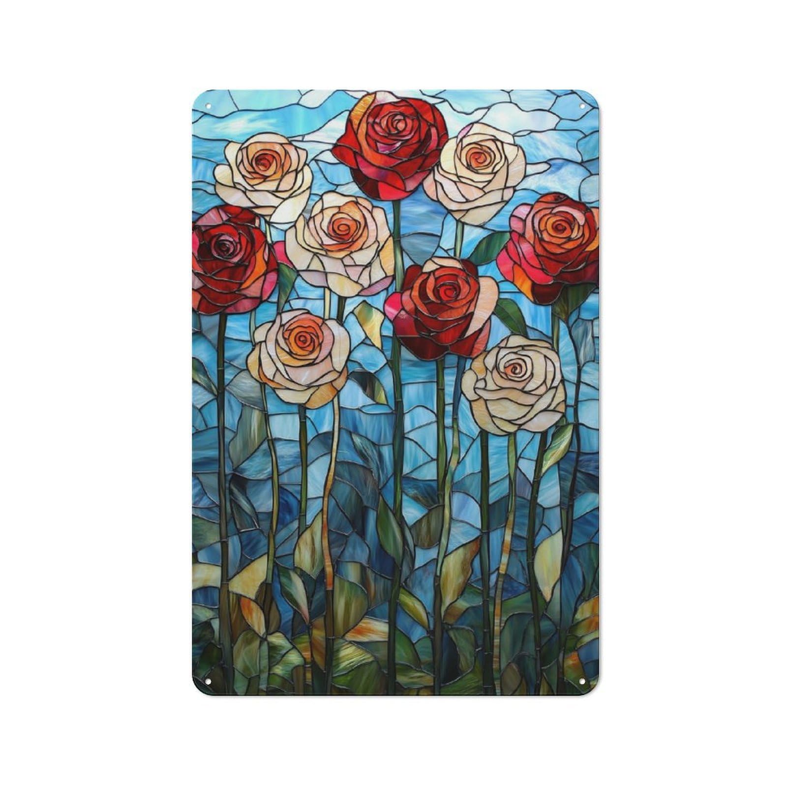 Junmoney Stained Glass Roses Vintage Tin Wall Plaque 30X20cm For Workshop Wall, A Decorative Christmas Gift For Makers And Diy Enthusiasts
