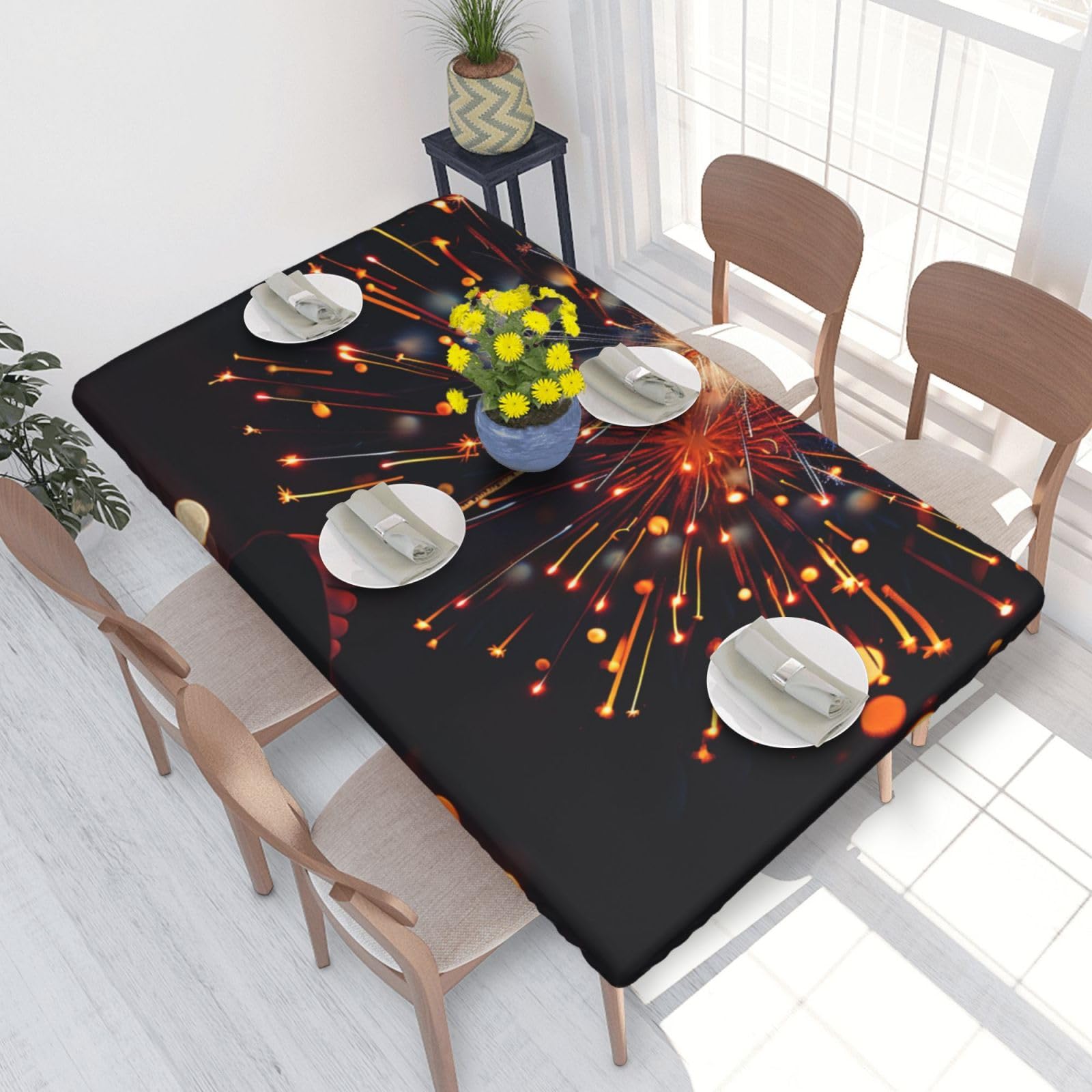 DCARSETCV Fireworks at night Printed 4FT Waterproof Tablecloth with Elastic Edged Protect & Decor Your Table, Oil-proof Washable Table Cloth Cover for Dinner Picnic Party