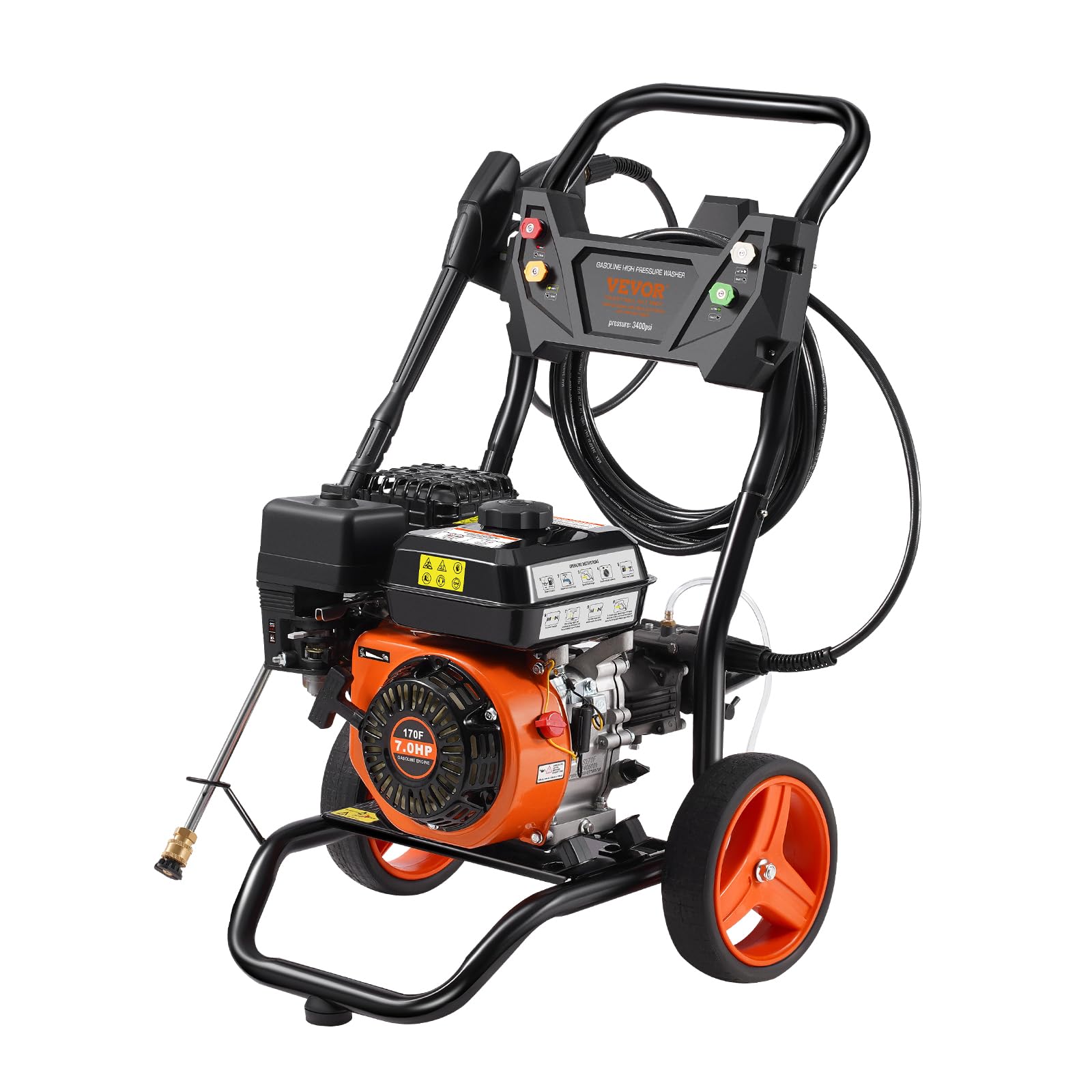 VEVOR Lavadora de Alta Presión a Gas Vertical 3400 PSI 2,6 GPM Limpiador de Alta Presión 10 L/min con Bomba de Aluminio, Pistola Rociadora, Varilla de Extensión, 5 Boquillas para Casas, Vehículos