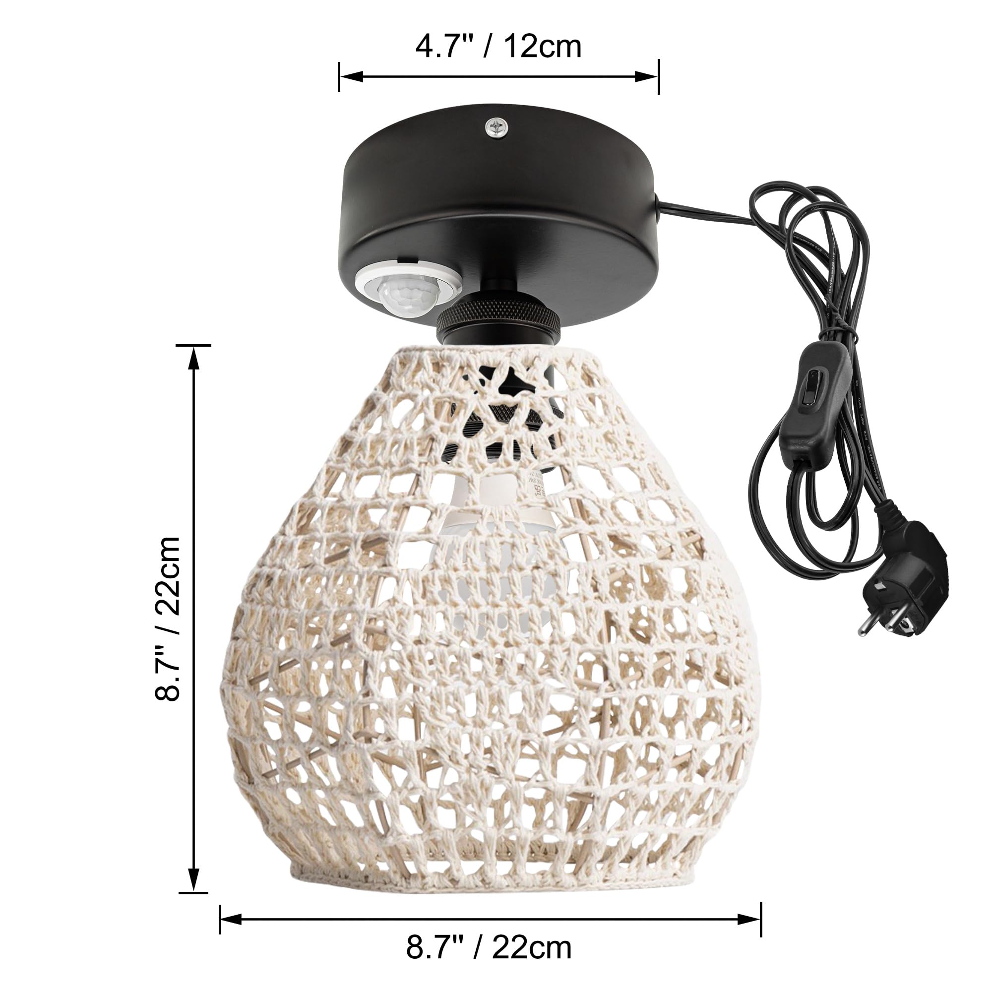 Lampada da soffitto con sensore di movimento interno, stile boho rattan, lampada da soffitto radar, sensore di movimento con cavo da 4,5 m e portalampada E27, per corridoio, bagno, scale,