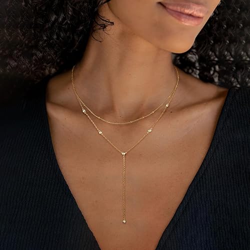 Miniatura 3 de Collar de oro para mujer, delicados collares largos chapados en oro de 14 quilates, barra de graduación, collar de lariat de circonita cúbica,