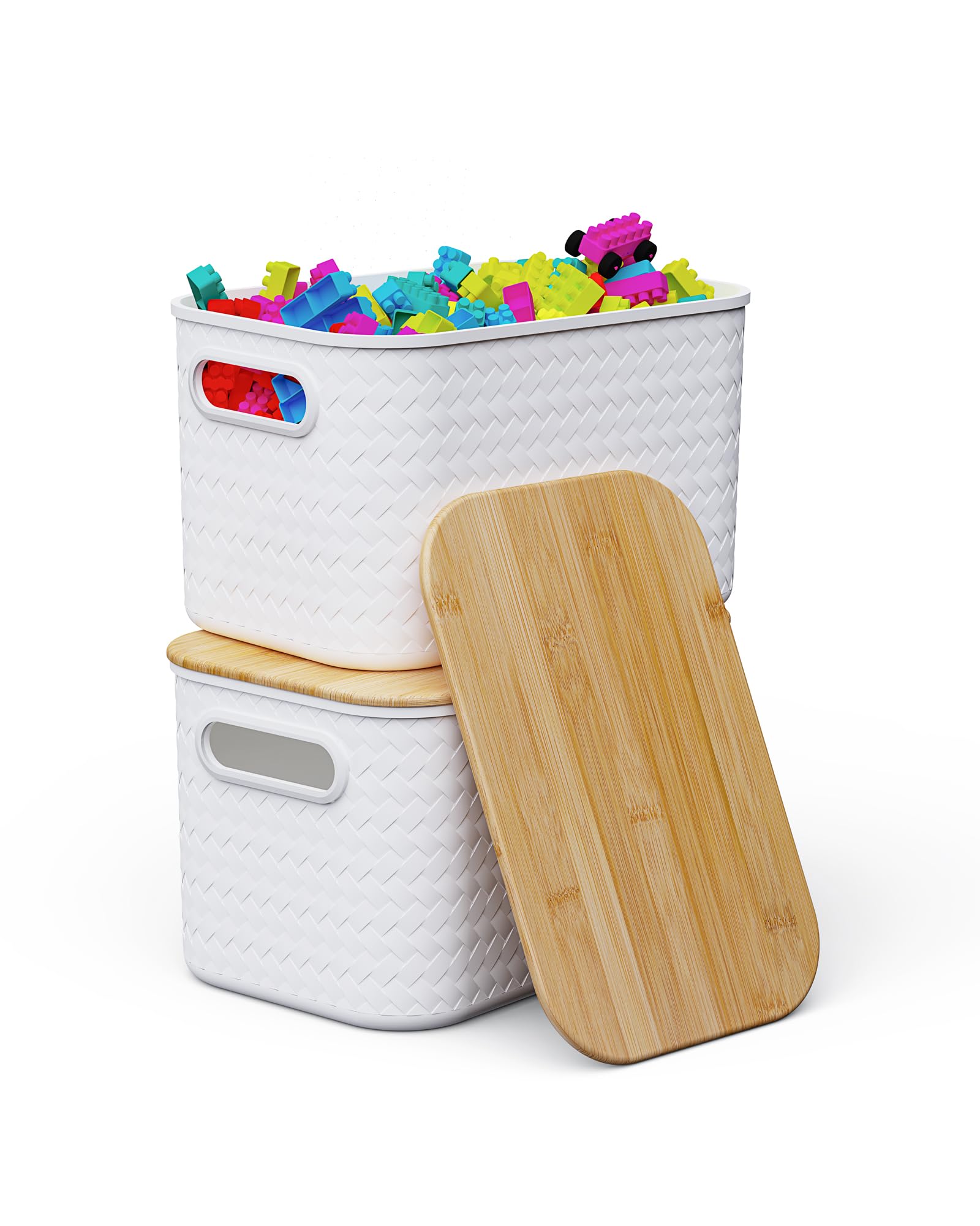 Shrivee 2PCS 6.5L Cajas Almacenaje Plastico con Bambú Tapa Apilables Cesta de Almacenamiento para Baño Armarios Cocina Storage Ropa Zapatos Juguetes (Blanco)