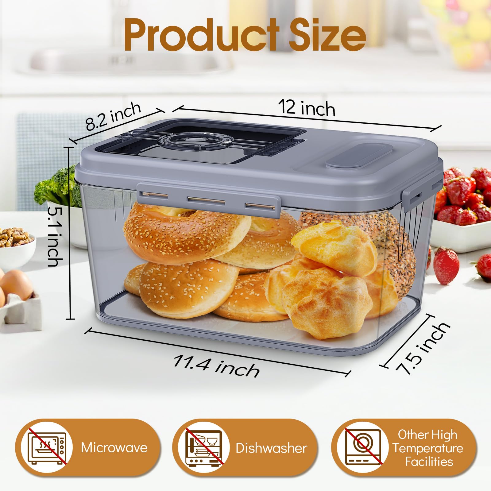 Gifhomfix Bread Box Airtight Bread Container for Homemade, Clear Bread Storage for Kitchen Countertop, Time Recording Bread Holder, Bread Keeper with Lid for Toast, Bagel, Donut and Cookies, Grey, S