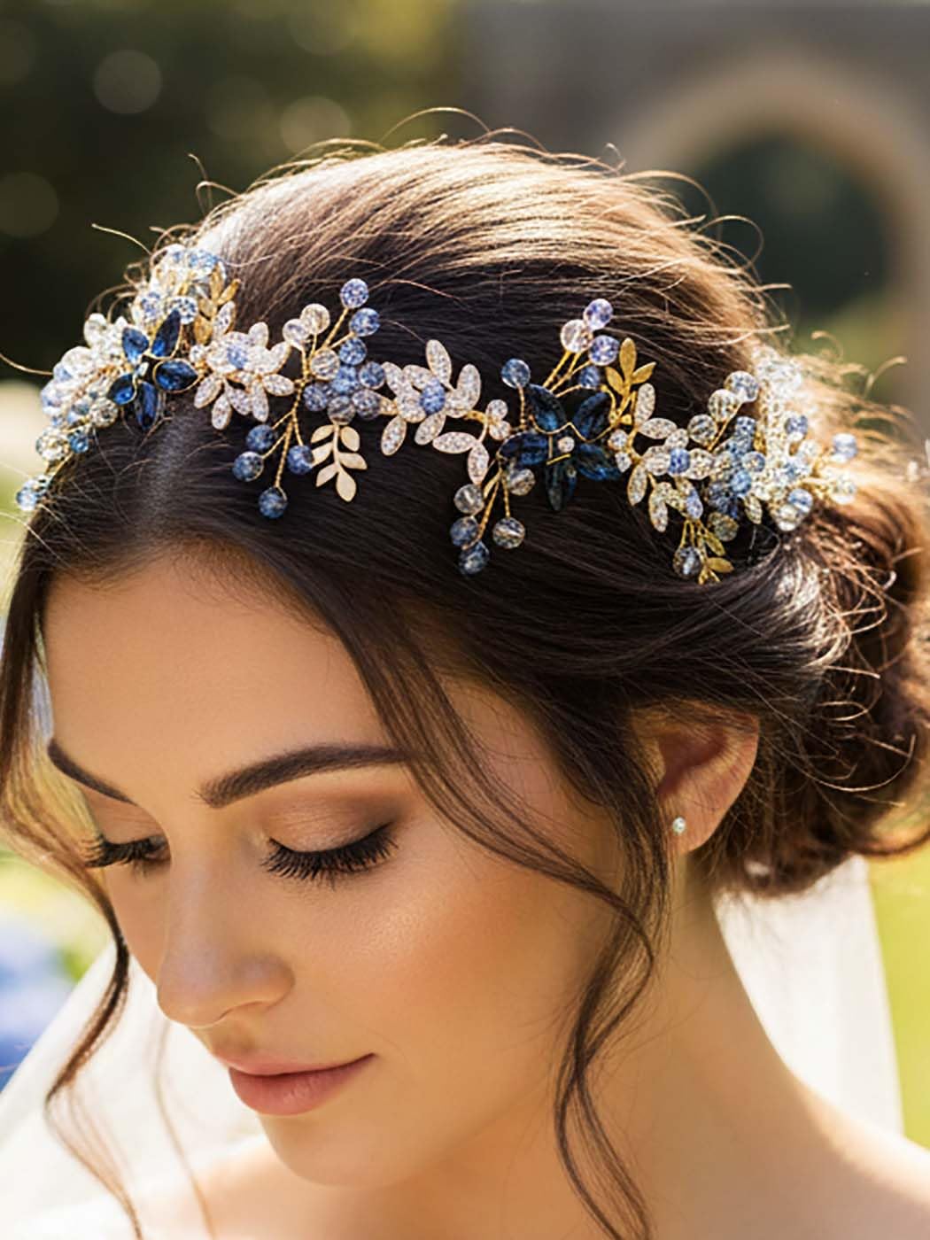 IYOU Bridal Wedding Hair Vine Gold Leaf Headpiece Flower Guest Bride Hair Accessories for Women, Blue - Image 4