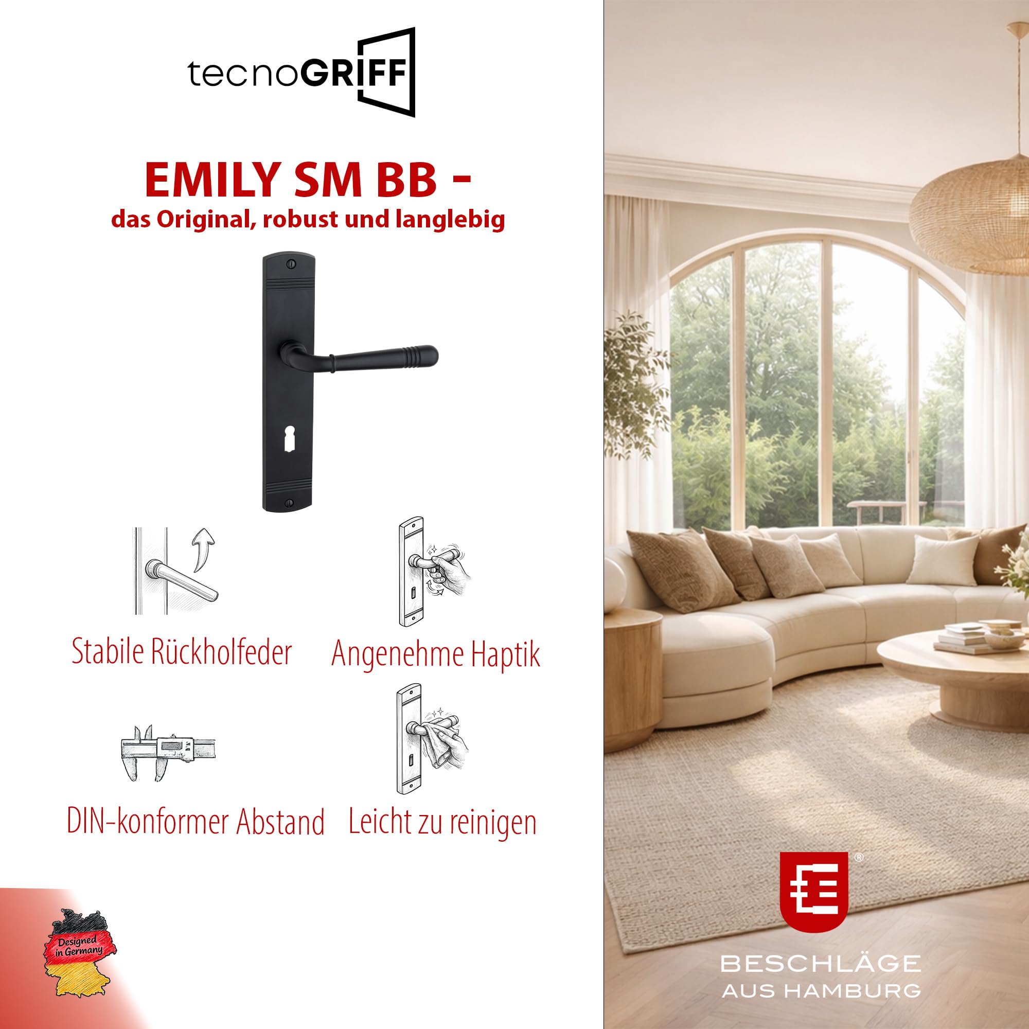 Beschläge Hamburg Türgriff EMILY ART 70-09 – Drückergarnitur Langschild 45 x 235 mm, Buntbart (BB) für Zimmertüren, Set inkl. Befestigungsmaterial, schwarz matt