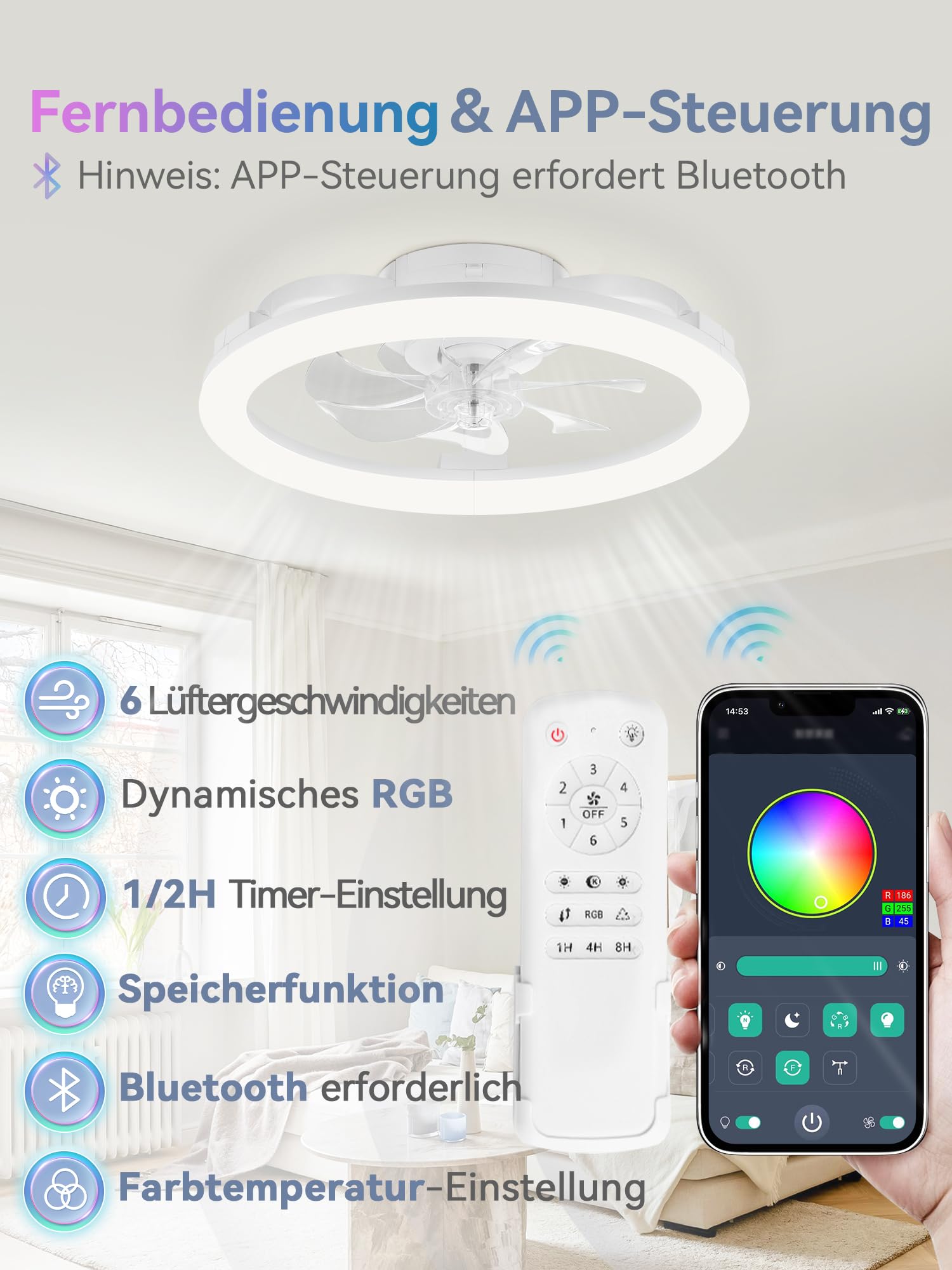 ZMISHIBO Deckenventilator mit Beleuchtung, RGB Deckenventilator mit Licht & Fernbedienung, Moderner dimmbarer Deckenventilator 51cm, 6 Geschwindigkeiten, App-Steuerung, leiser Einbau-Deckenventilator