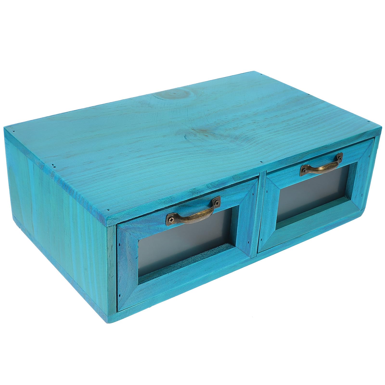 Organizador de Madera para Escritorio 2 Cajones Gabinete Pequeño Azul Mediterráneo Estante de Almacenamiento Multifuncional para Maquillaje y Artículos Diversos Soporte Estable