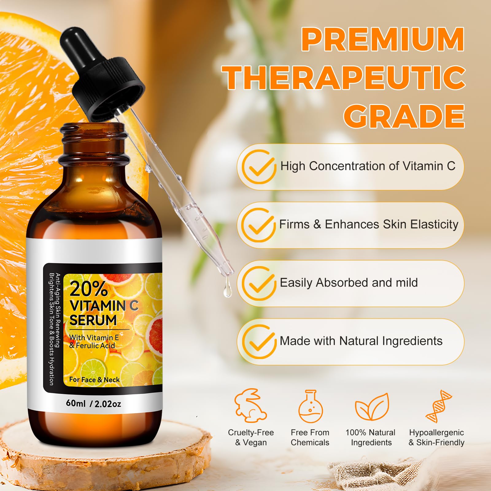 Serum z witaminą C 60 ml, serum z witaminą C z kwasem laluronowym, witaminą E, aloesem, naturalną formułą przeciwzmarszczkową z kwasem ferulowym, organiczne, wegańskie, nawilżające i rozjaśniające
