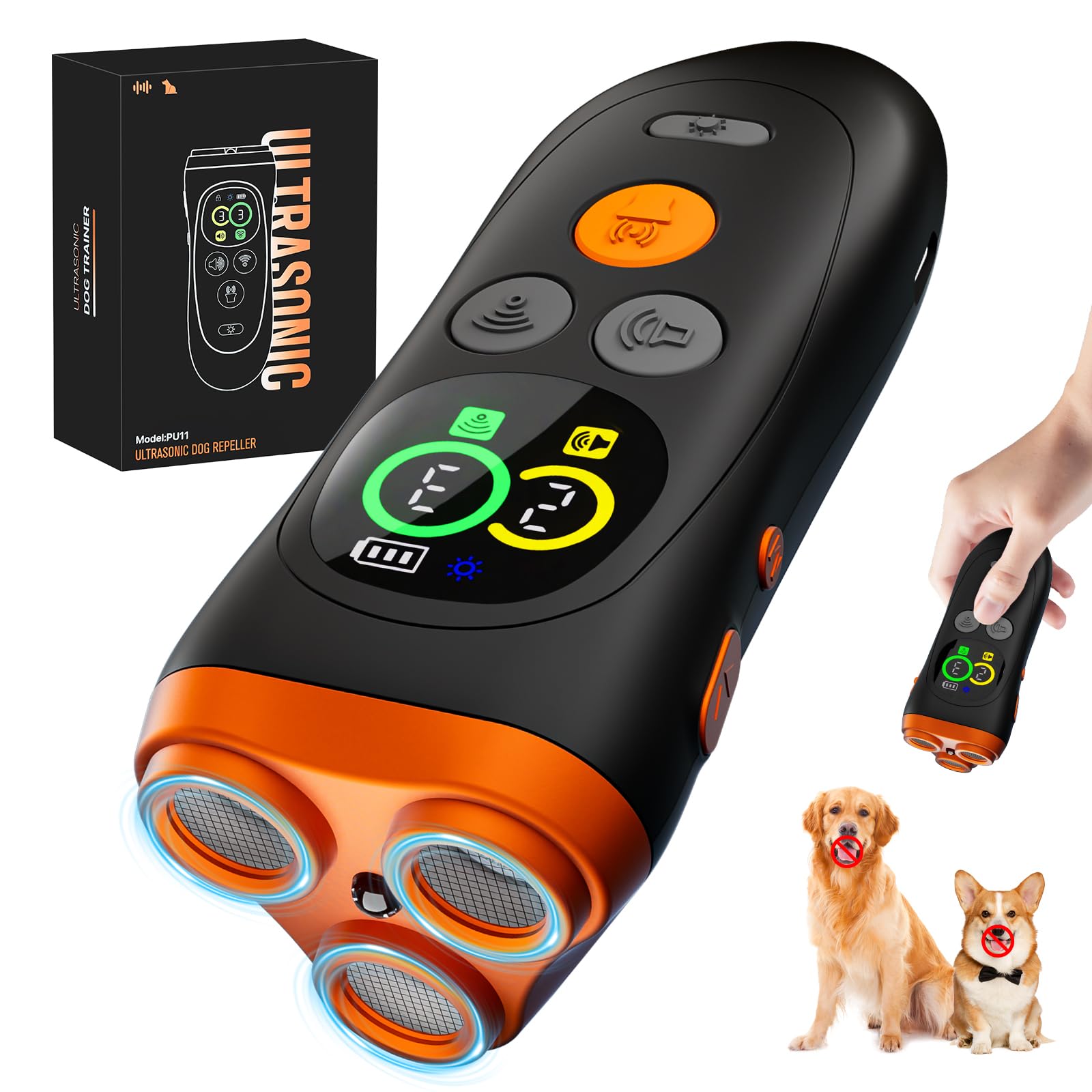 Dispositivo disuasorio de ladridos de perro, dispositivo ultrasónico anti ladridos para perros con pantalla LCD a color, 7 modos de control de ladridos de 35 pies para interiores y exteriores