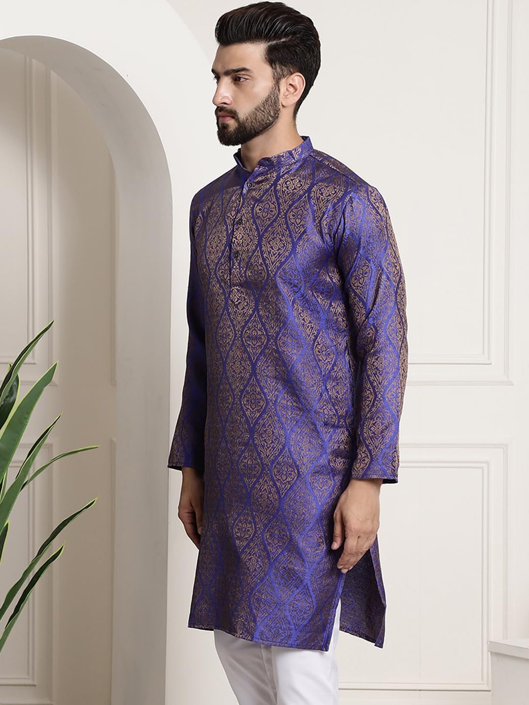 Sojanya (Since 1958 Men's Silk Blend Blue Color Self Design Only Long Kurta