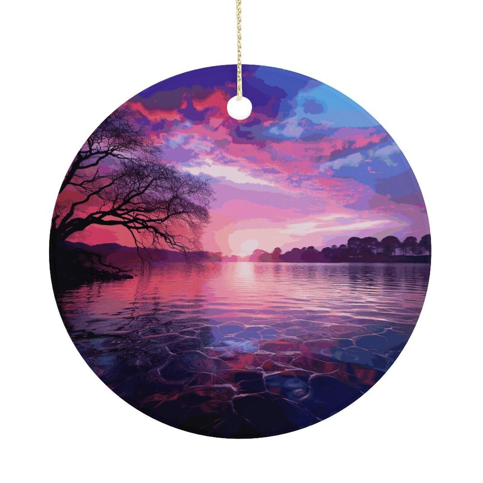 Purple Sunset on Water Christmas Ornaments Colorful Round Ceramic Ornament Christmas Hanging Decor Christmas Tree Decorations Xmas Keepsake for Women Men Xmas Holiday Party