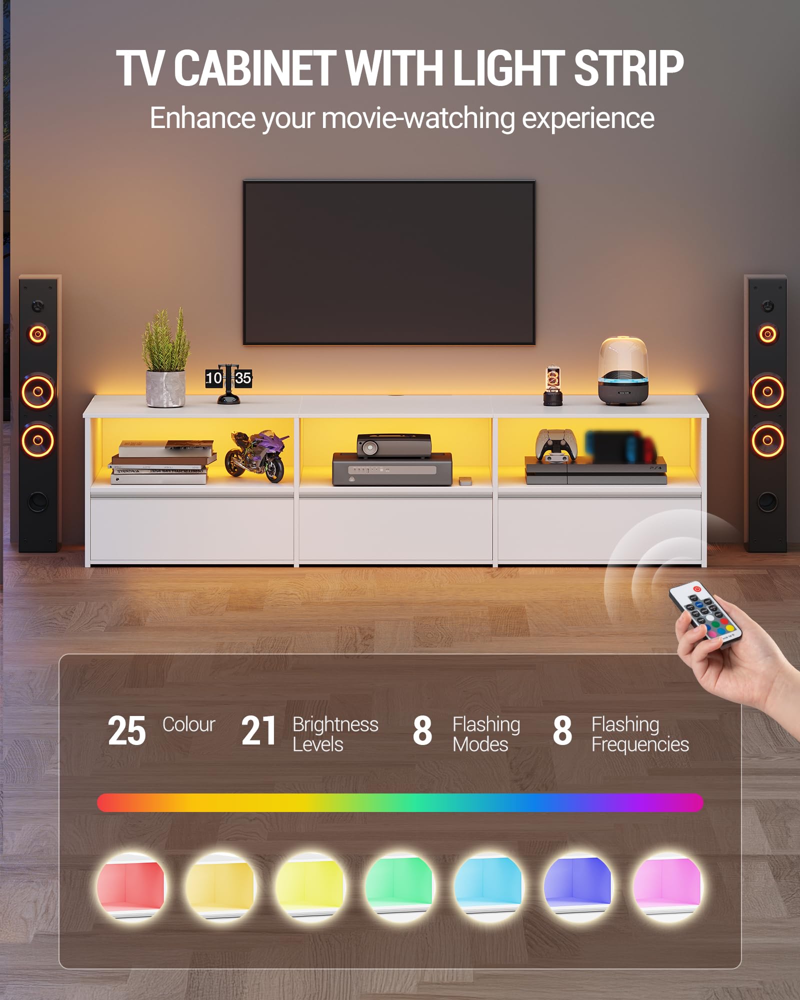 Hzuaneri Meuble TV avec LED RGB, Blanc, 180 cm de Long Banc TV | Adapté aux TV de 80 Pouces et Moins, Doté de 3 Tiroirs et d'un Range Ouvert, Idéal pour le Salon, la Chambre, TV18703WEU