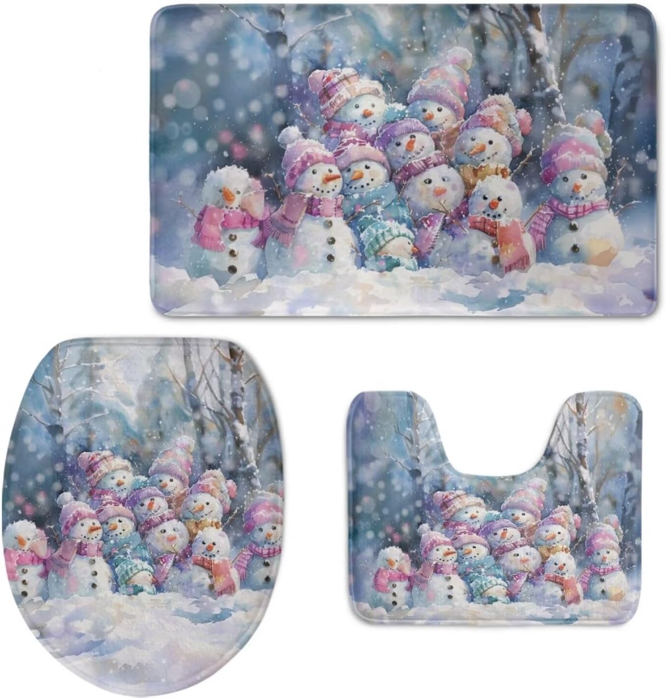 Christmas Cute Snowman Bathroom Rugs Sets 3 Piece Bath Rug with Rubber Backing, Contour Mat, and Toilet Lid Cover Non Slip Contour Mat Machine Washable for Floor