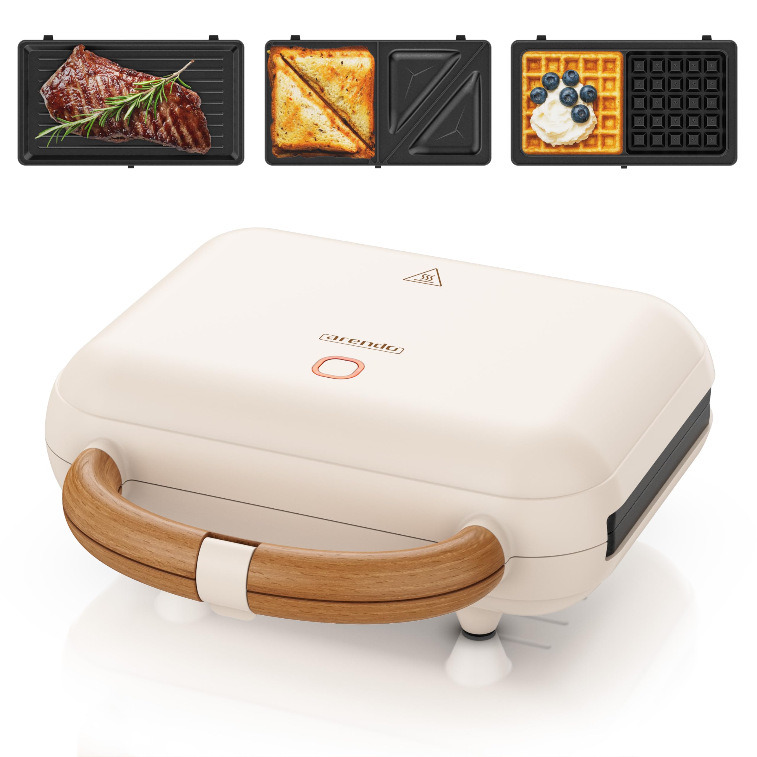 Arendo Sandwichmaker 3in1 Waffeleisen Kontaktgrill mit abnehmbaren Platten 2 Zonen Antihaftbeschichtung BPA frei Temperaturkontrolle