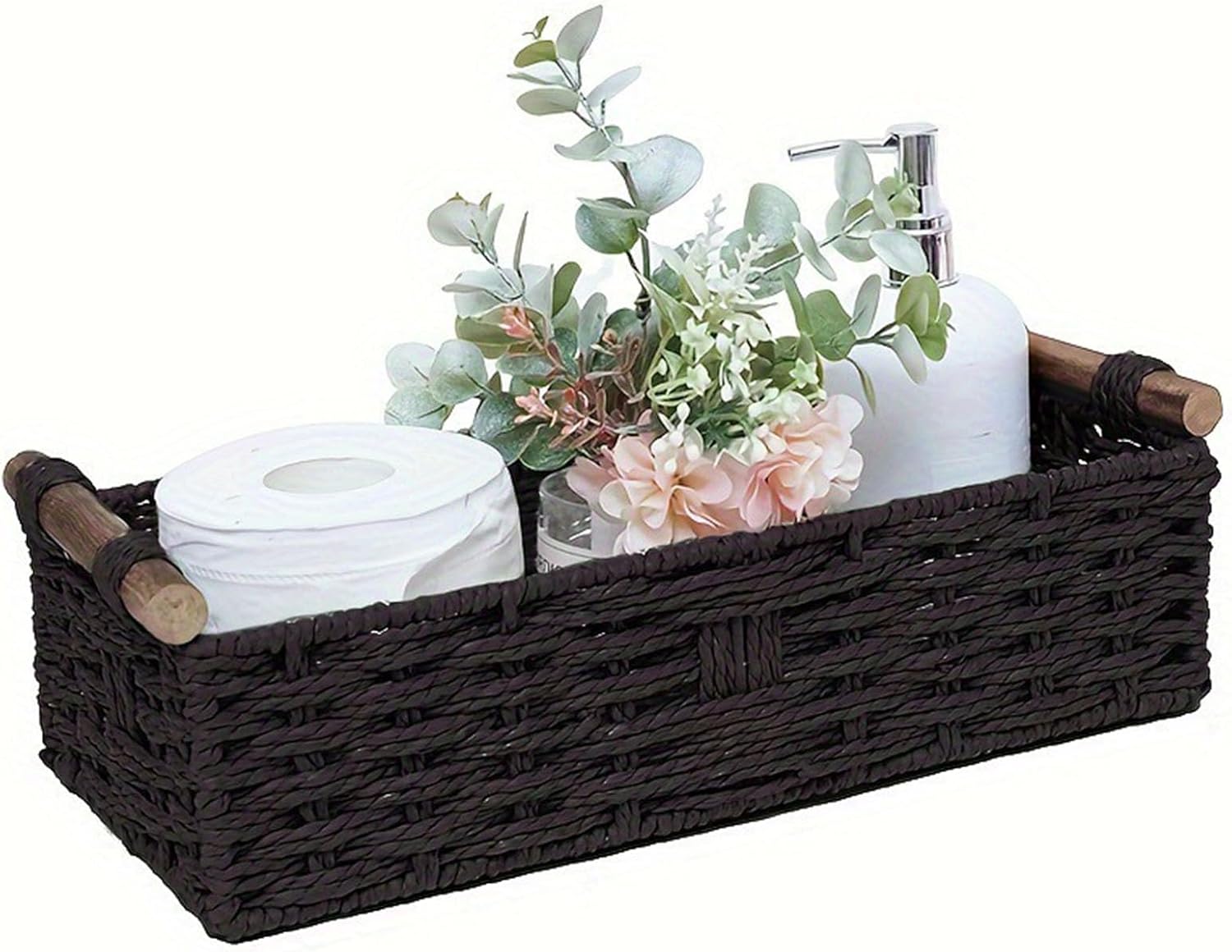 Paper Rope Storage Basket, Handwoven Round Wicker Organizer with Wooden Handles for Bathroom Countertop Shelves Black